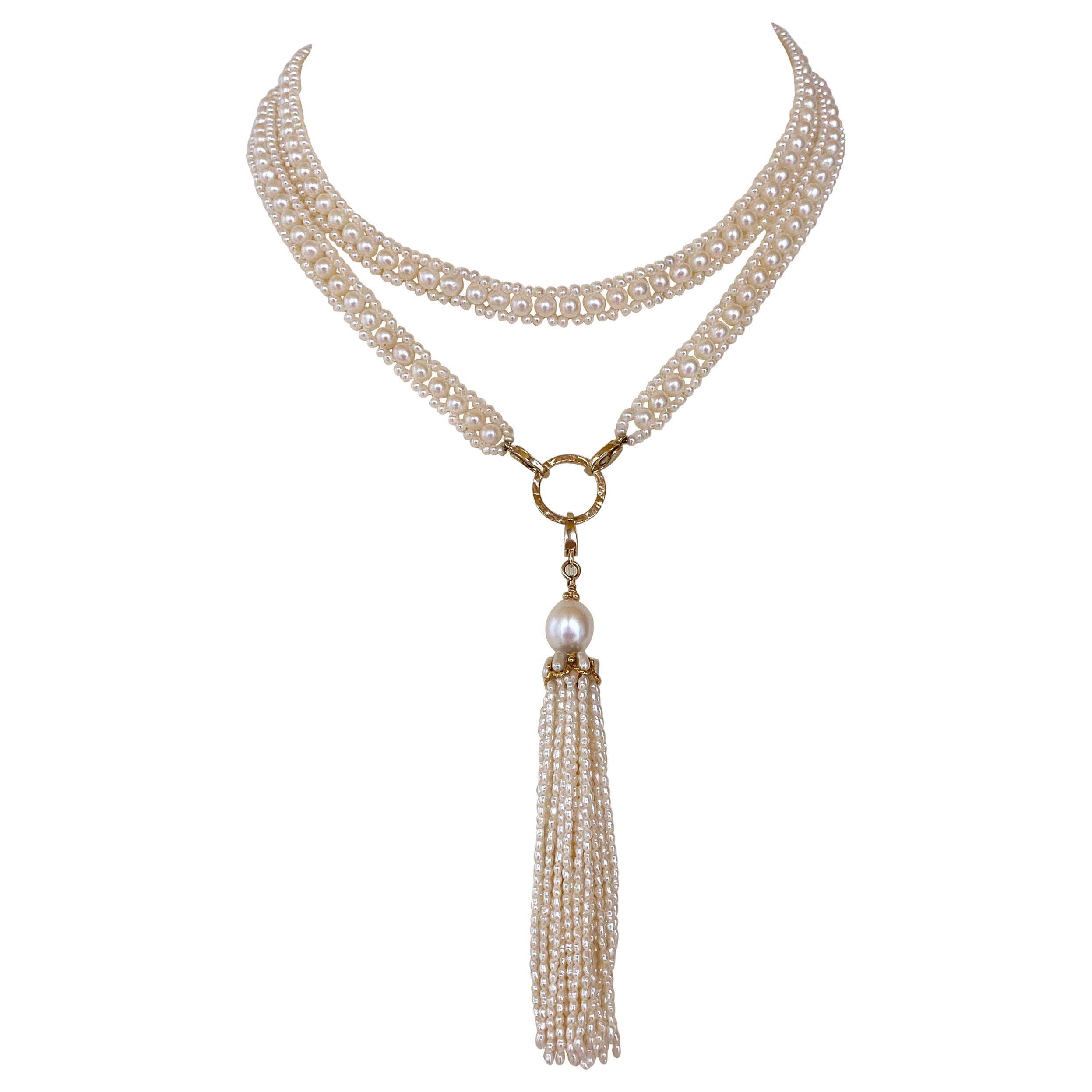 Marina J. Woven Pearl Sautoir with 14k Gold Ring
Removable Pearl Tassel