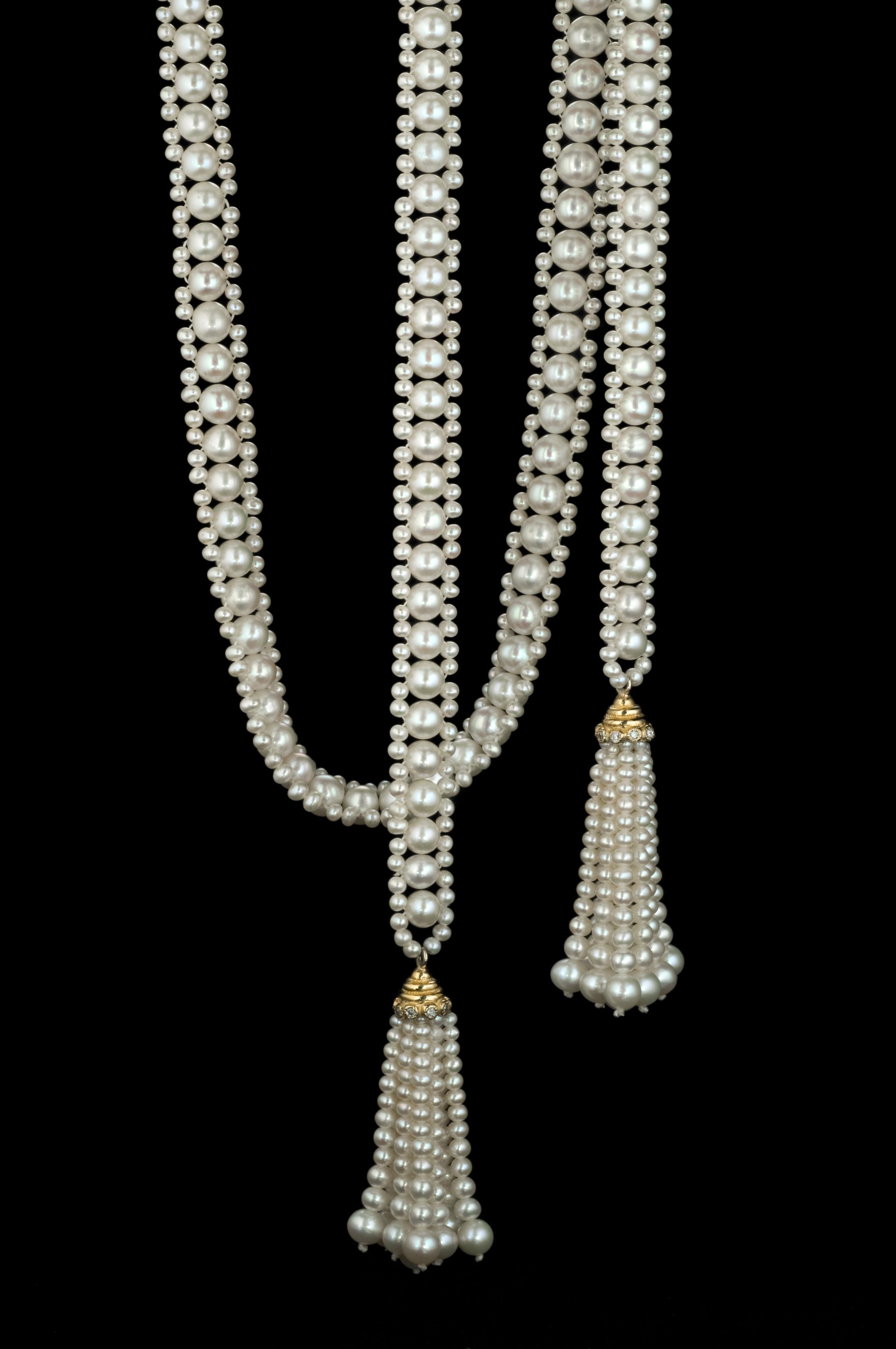 Women's Marina J Woven Pearl Sautoir with 14K Yellow Gold, Diamond Cup & Pearl Tassels  For Sale