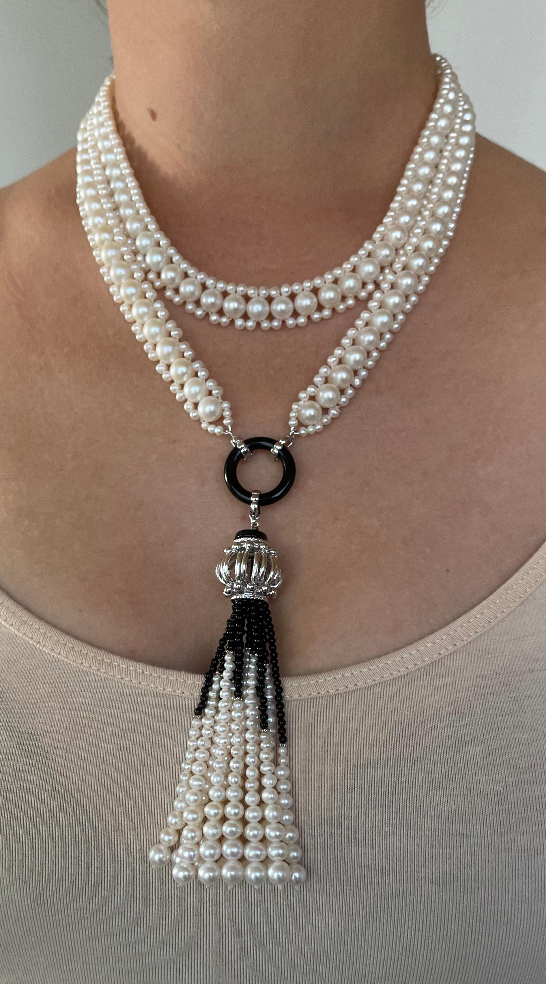 Marina J. Woven Pearl Sautoir with Black Onyx and Silver For Sale 5