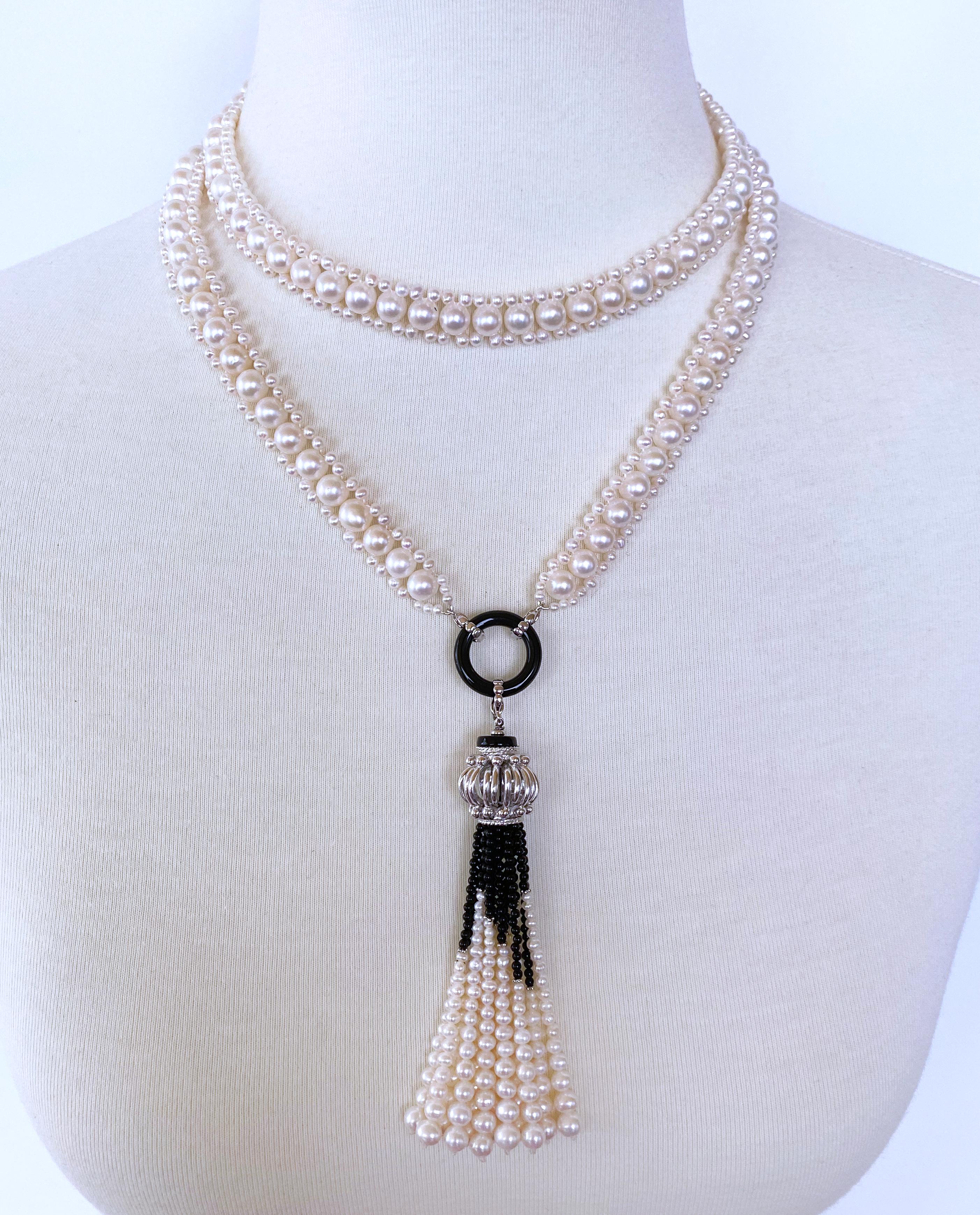 Artisan Marina J. Woven Pearl Sautoir with Black Onyx and Silver For Sale