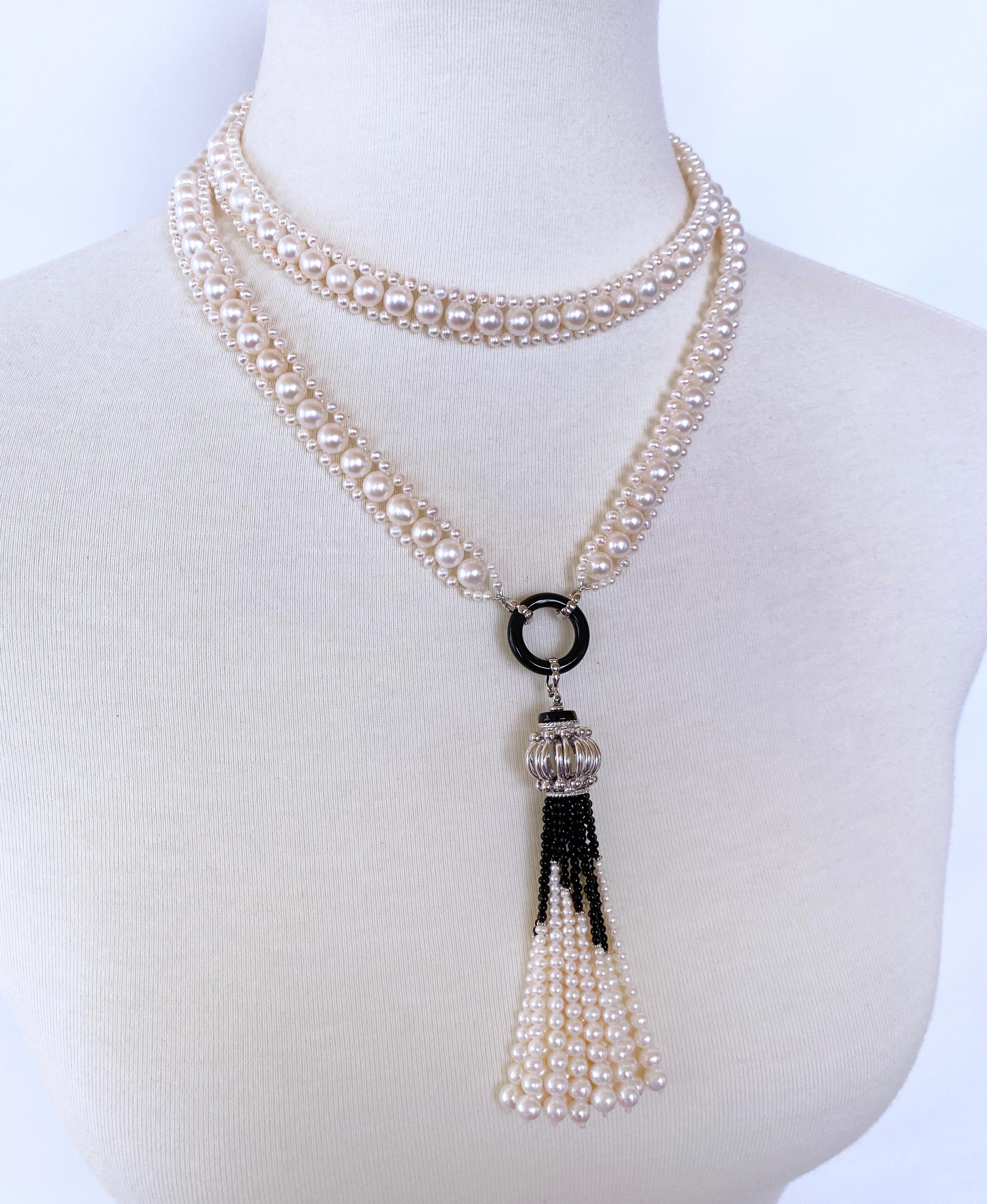 Marina J. Woven Pearl Sautoir with Black Onyx and Silver For Sale 1