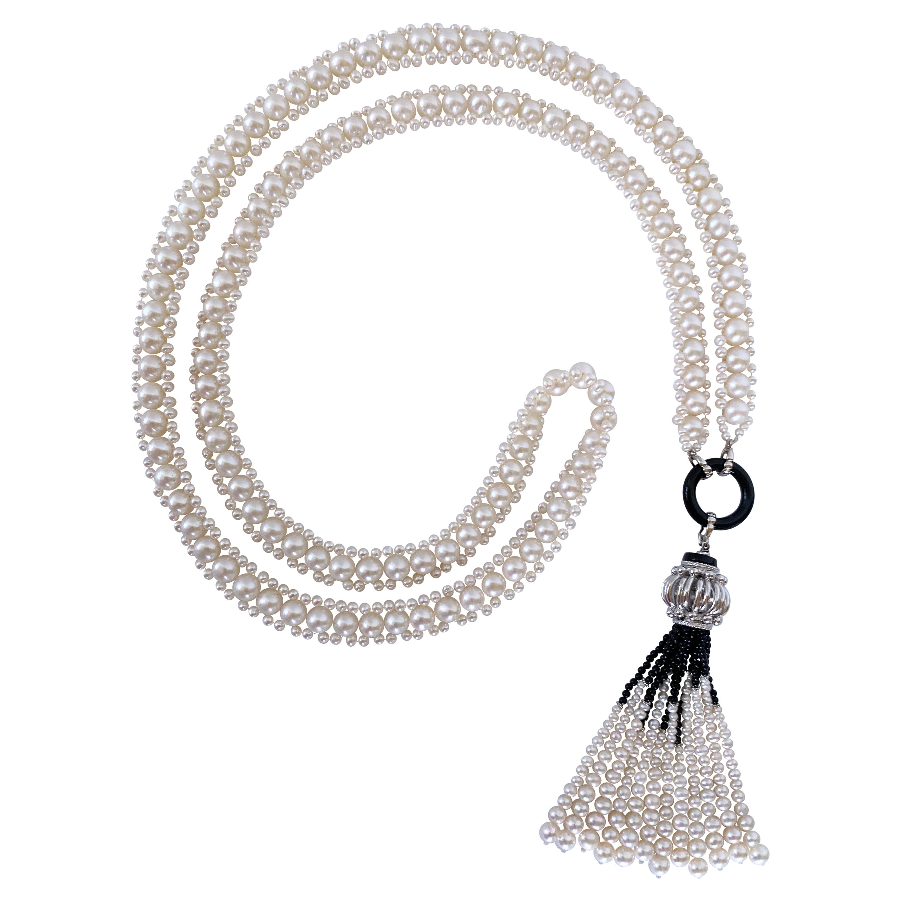 Marina J. Sautoir de perles tissées avec onyx noir et rhodium Perle décorative en argent
