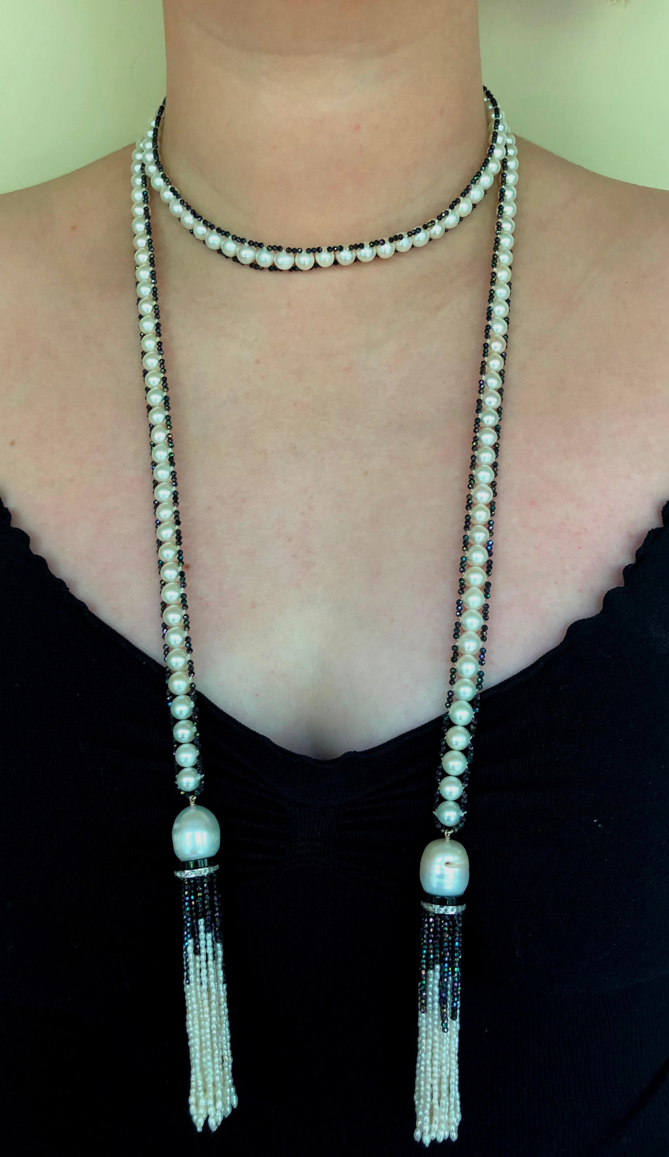 Marina J. Woven Pearl Sautoir with Black Spinel and  Diamond encrusted Roundels 1
