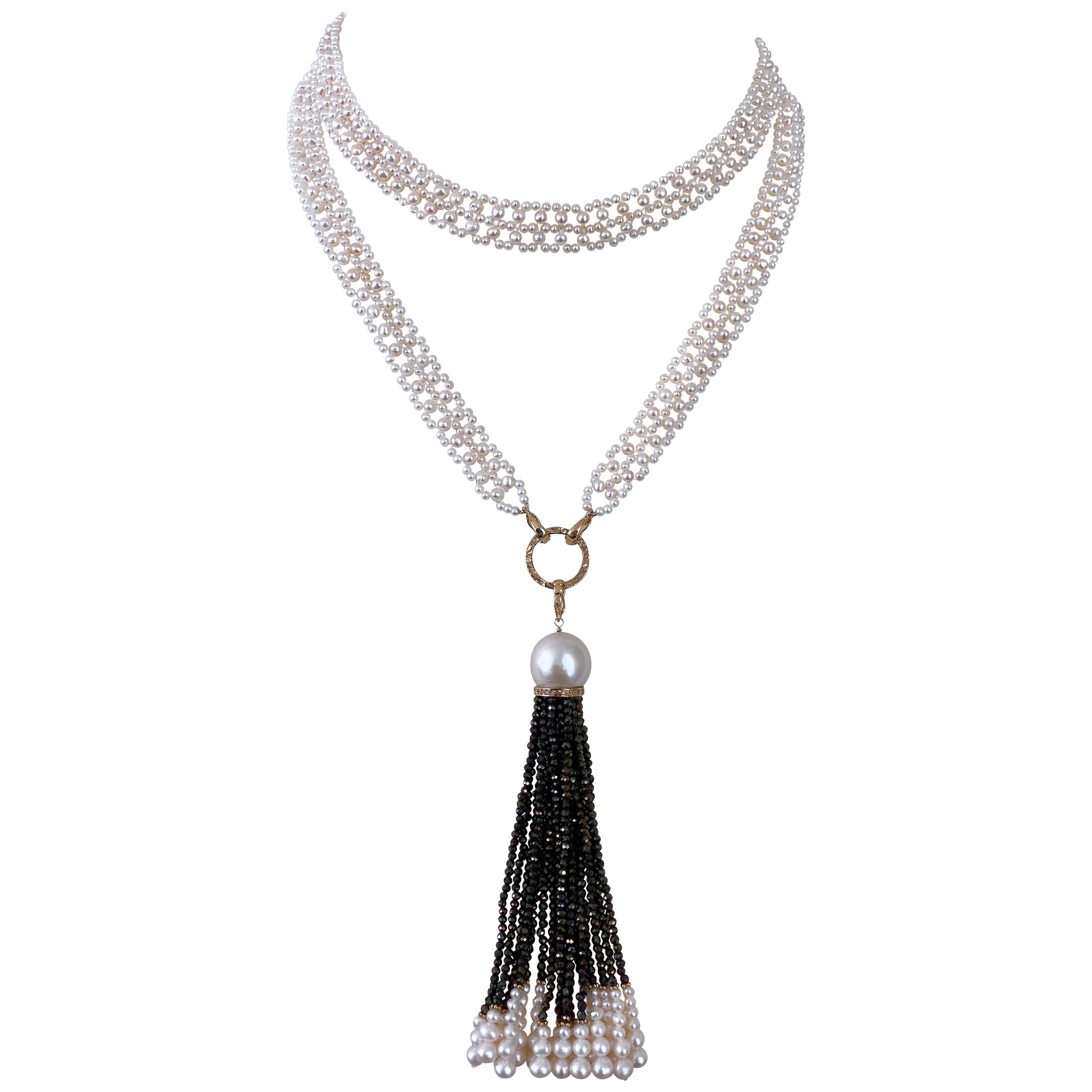 Marina J Sautoir tissé avec spinelle noire et pompon en or jaune 14 carats massif