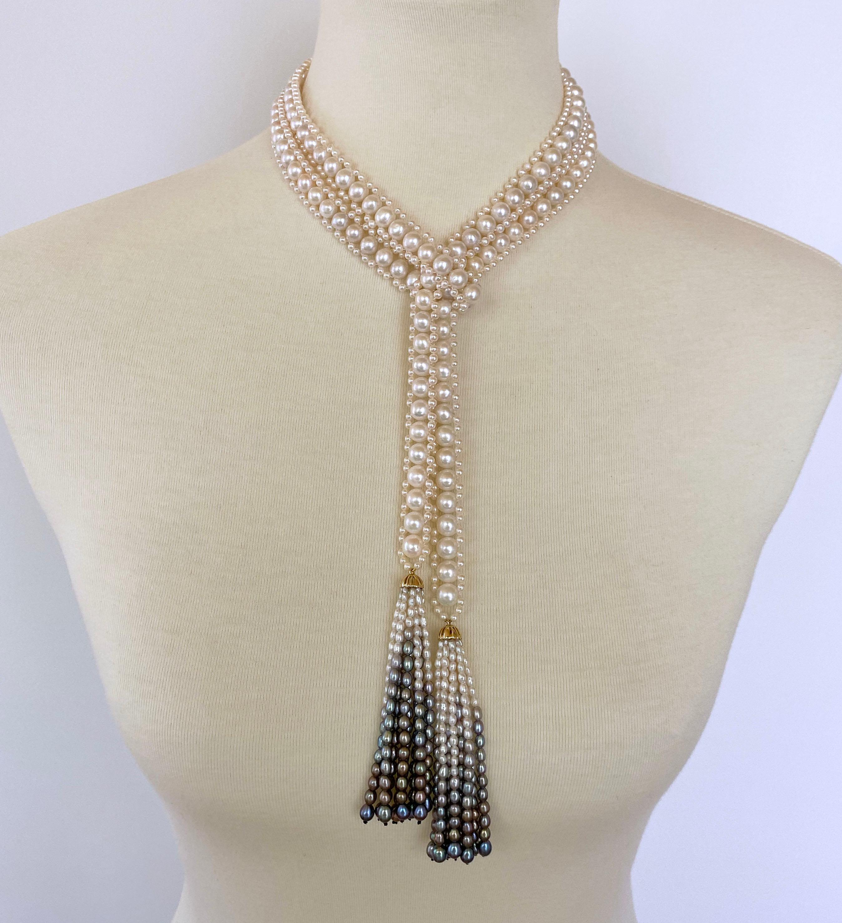 Classic Marina J. hand woven Sautoir made with all high luster 2mm - 7mm Pearls. This gorgeous Sautoir measures 51 inches including Tassels; allowing versatility in wear (as seen in images). This piece can be worn down, doubled around the neck or
