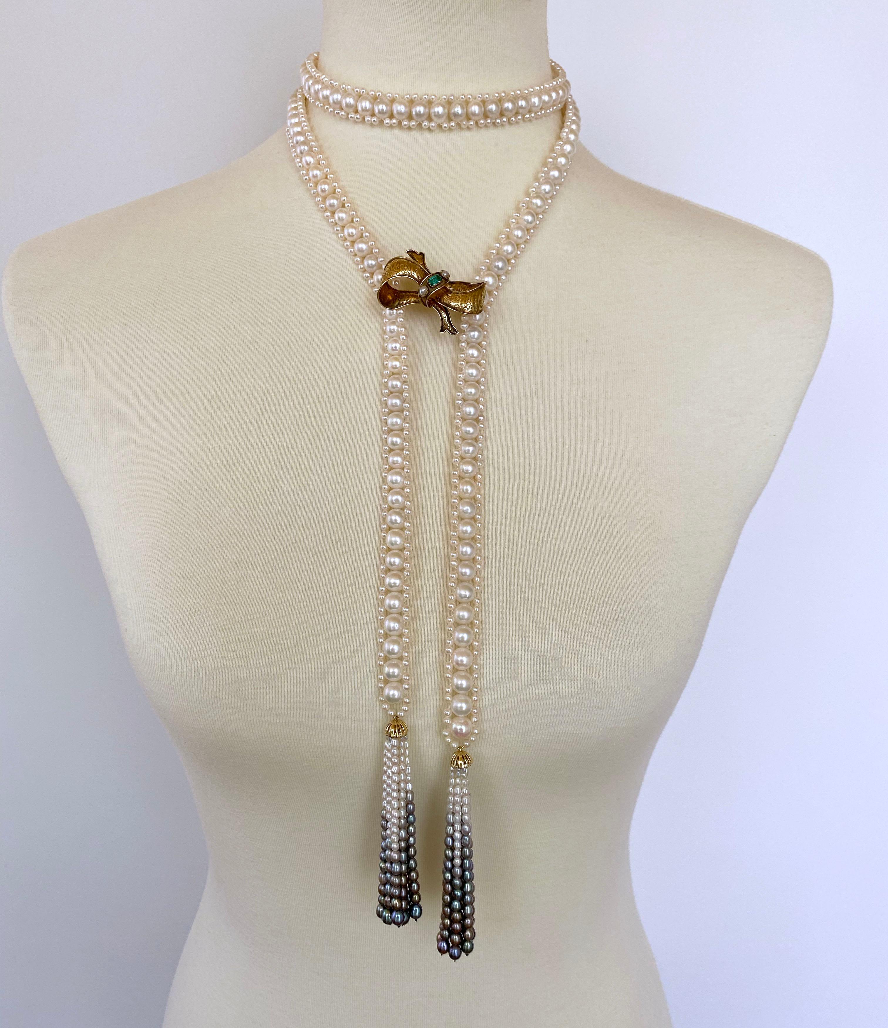 Bead Marina J. Woven Pearl Sautoir with Graduated Ombre Tassels and 14K Yellow Gold