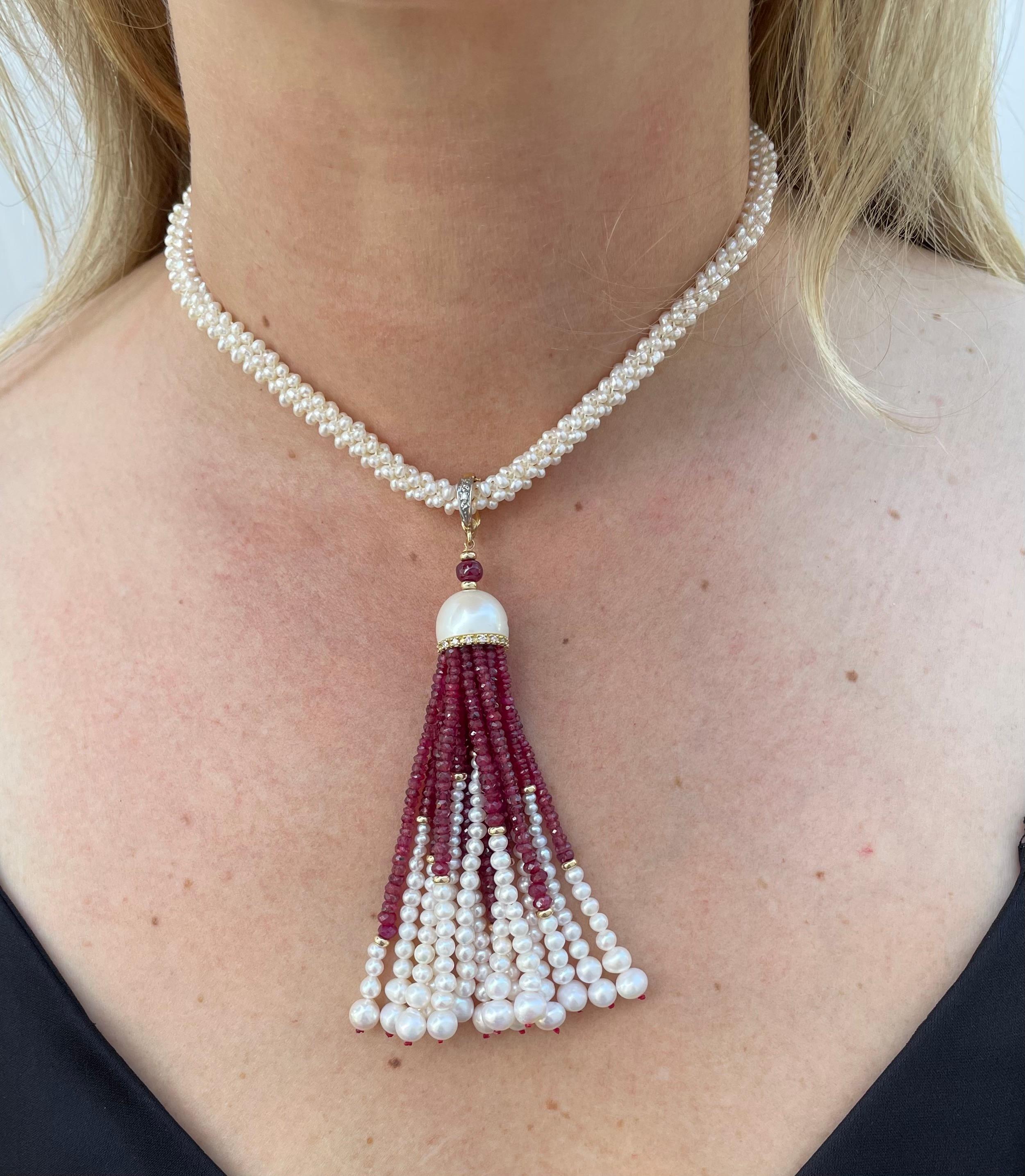 Perle Marina J. Sautoir tissé avec rubis, diamants et pompon en or jaune 14 carats massif en vente