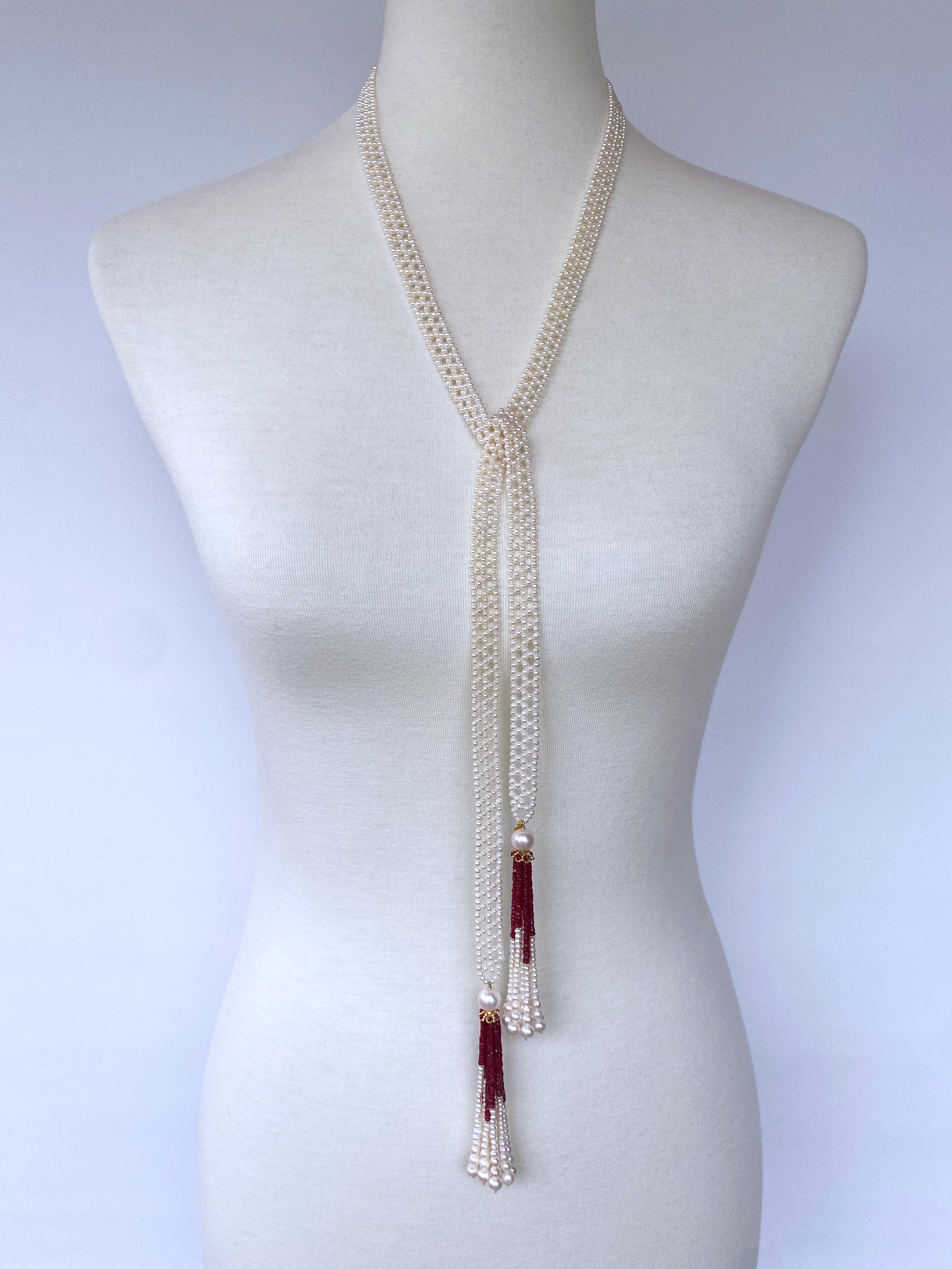 Marina J. Woven Pearl Sautoir with Ruby Tassels & 14k Yellow Gold In New Condition In Los Angeles, CA