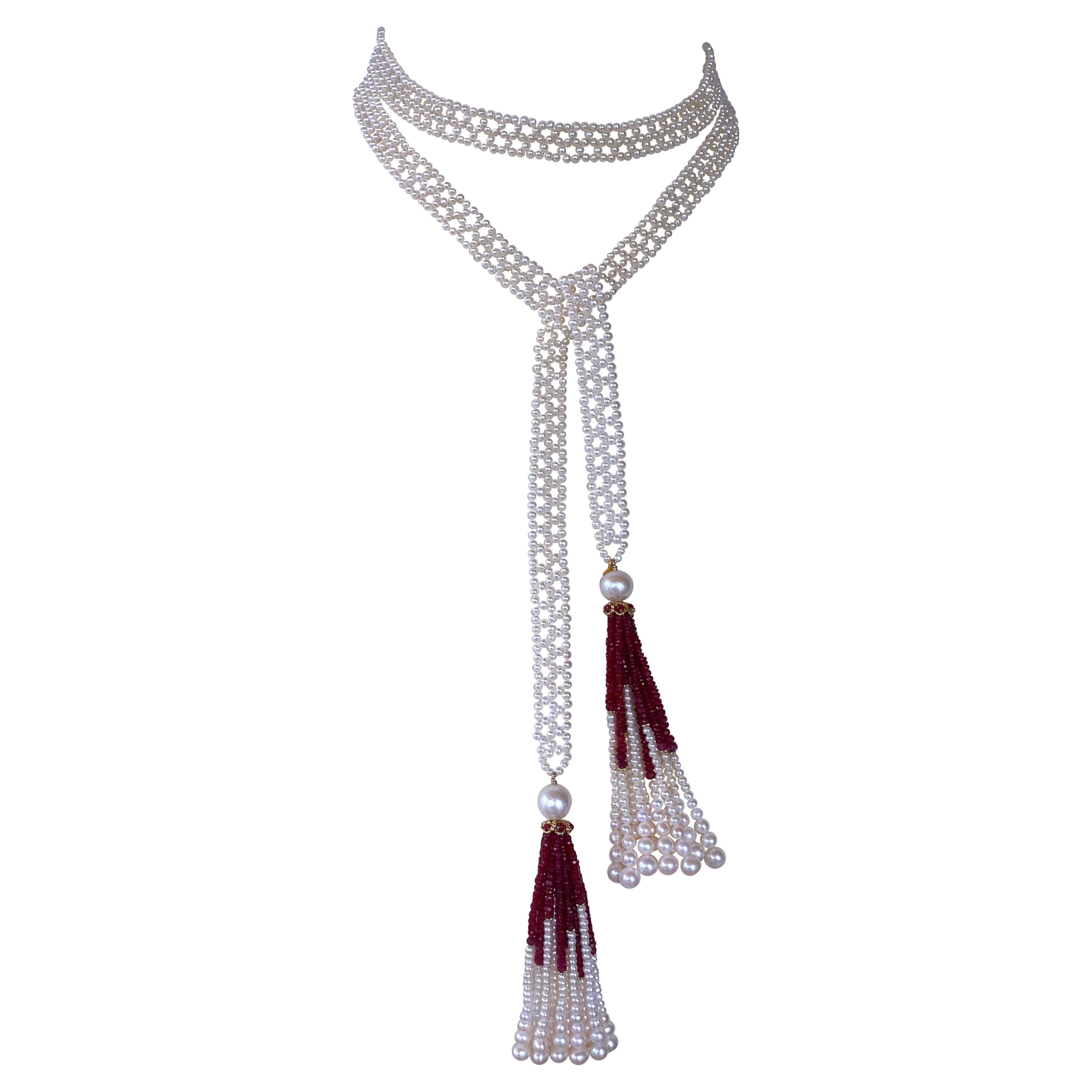Marina J. Woven Pearl Sautoir with Ruby Tassels 
14k Yellow Gold