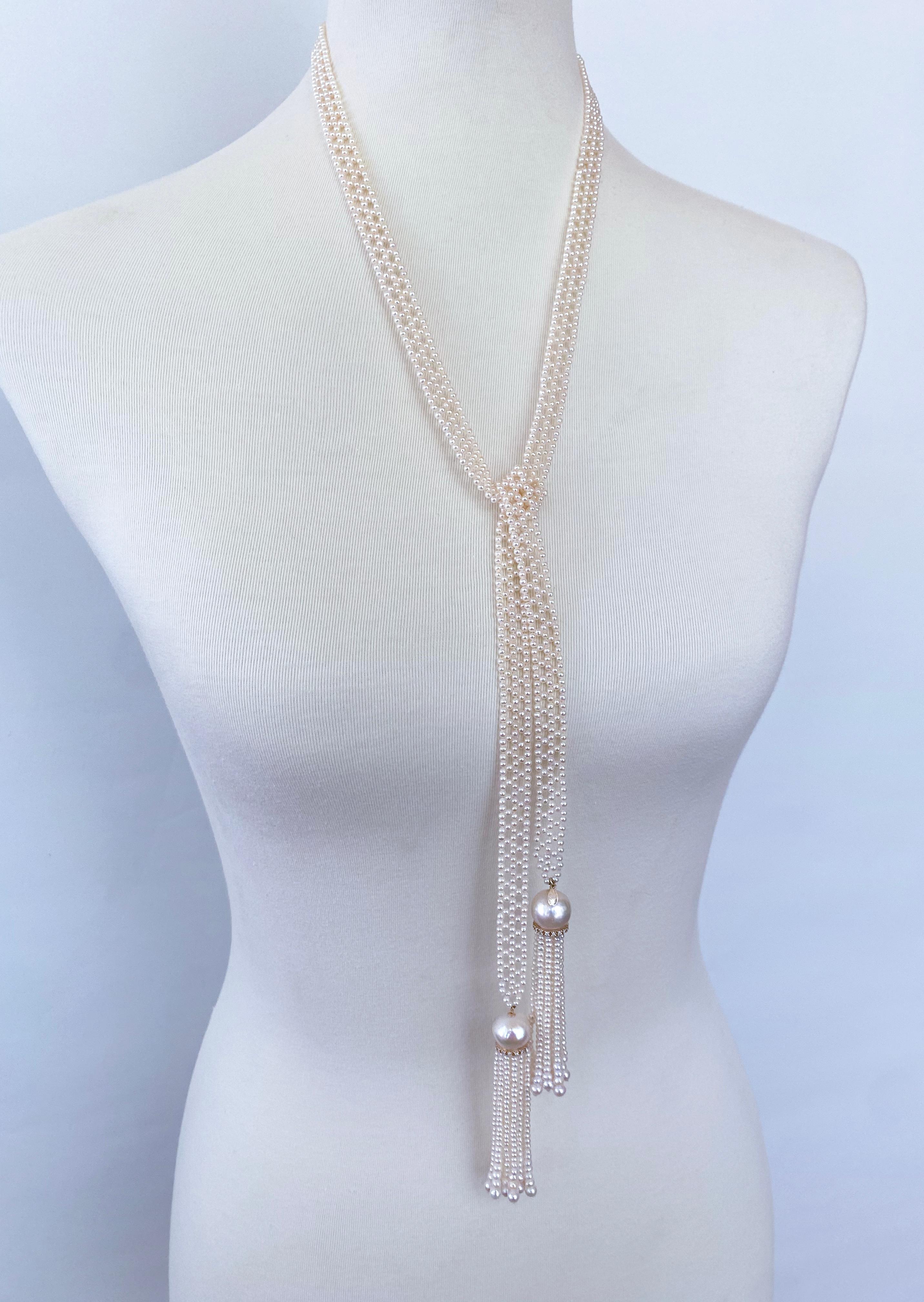 Marina J. Woven Pearl Sautoir with solid 14k Yellow Gold & Diamonds For Sale 4