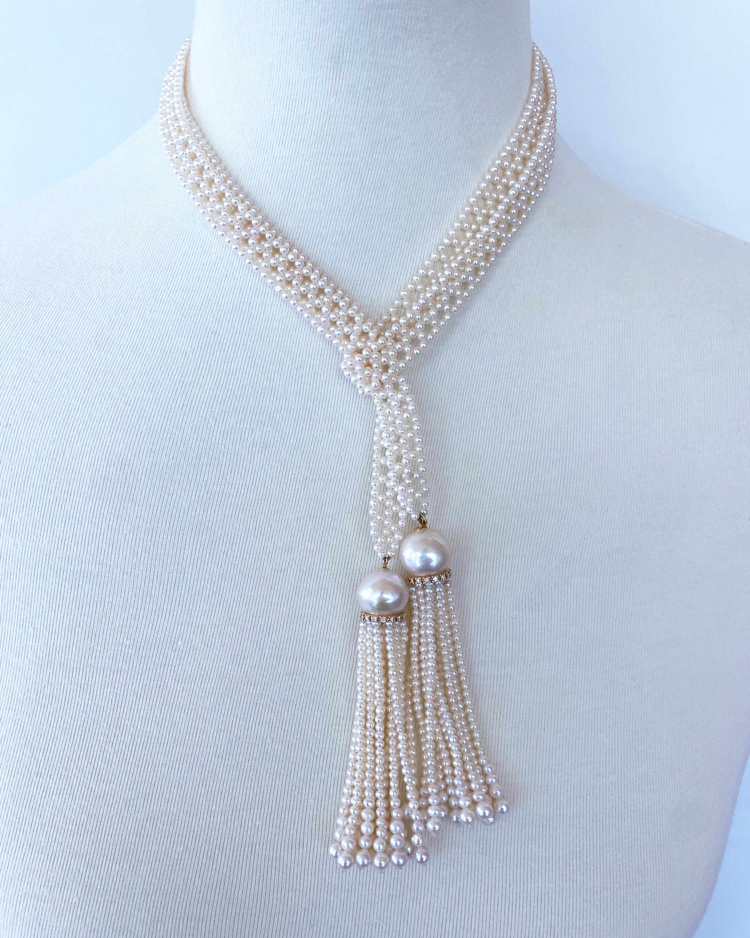 Marina J. Woven Pearl Sautoir with solid 14k Yellow Gold & Diamonds For Sale 5