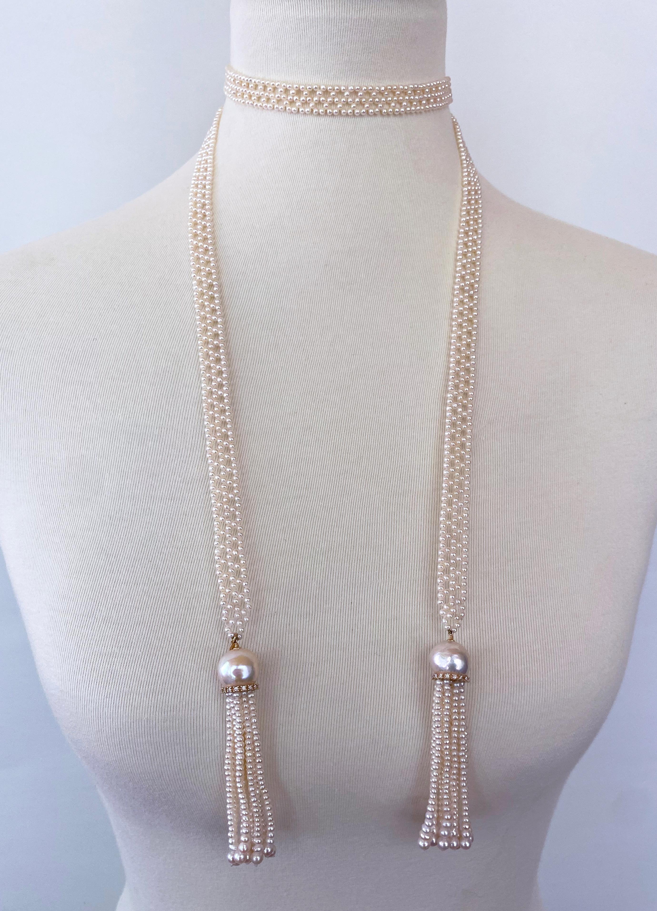 Marina J. Woven Pearl Sautoir with solid 14k Yellow Gold & Diamonds In New Condition For Sale In Los Angeles, CA