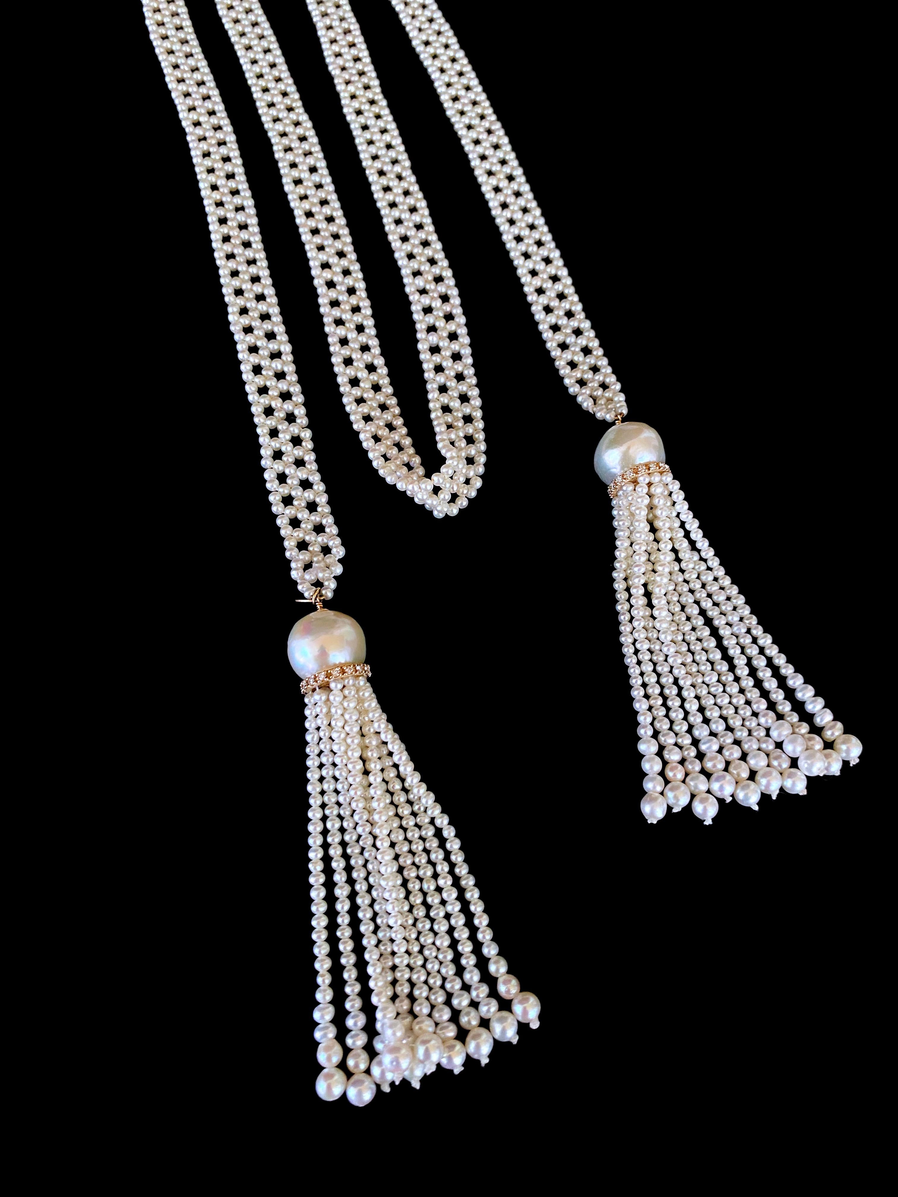 Women's or Men's Marina J. Woven Pearl Sautoir with solid 14k Yellow Gold & Diamonds For Sale