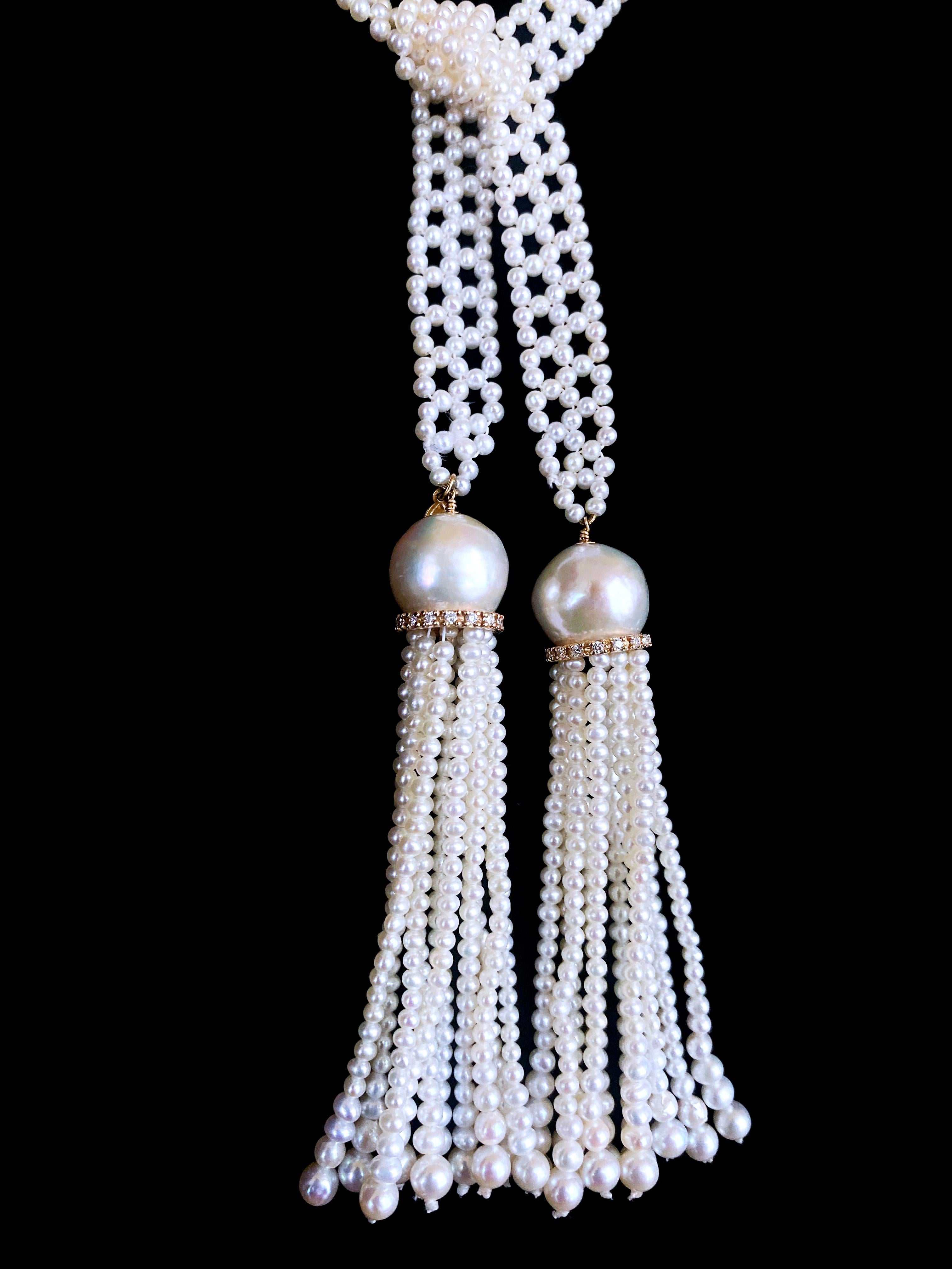 Women's or Men's Marina J. Woven Pearl Sautoir with solid 14k Yellow Gold & Diamonds