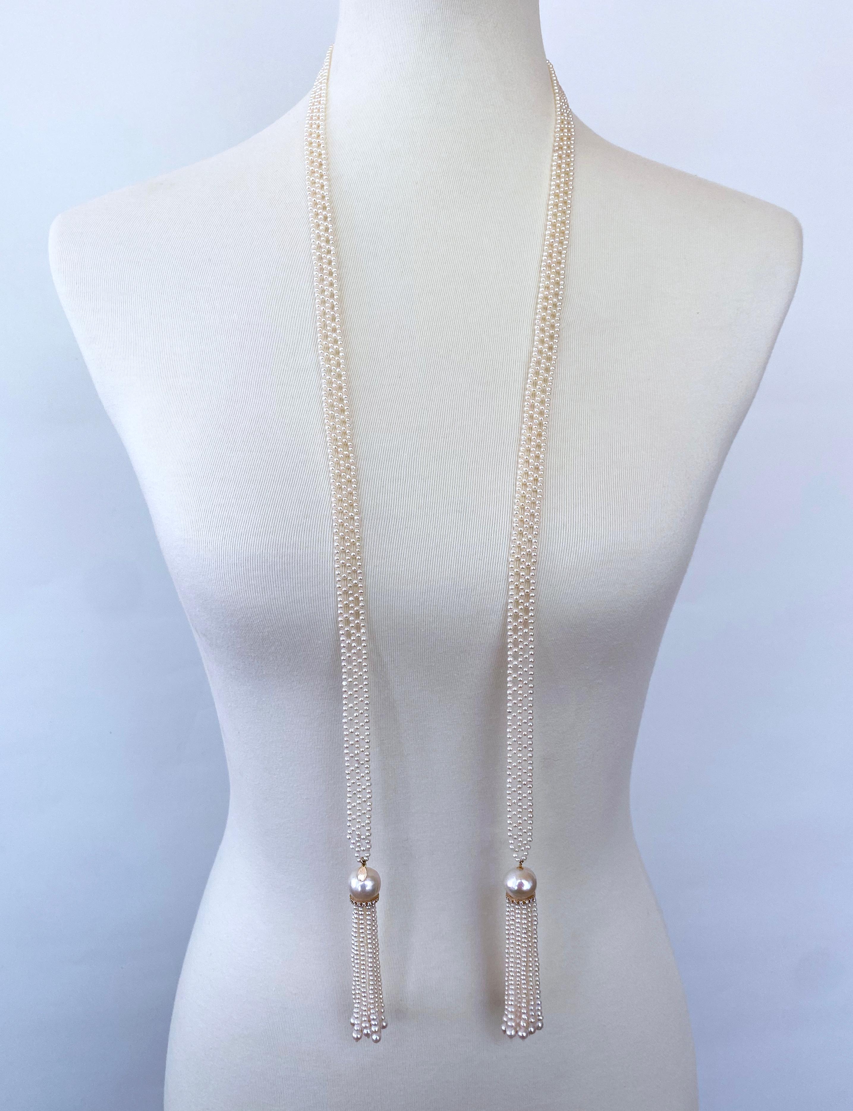 Marina J. Woven Pearl Sautoir with solid 14k Yellow Gold & Diamonds For Sale 3