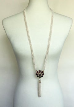 Marina J. Woven Pearl Sautoir with Vintage Garnet Brooch and Fine Pearl Tassel