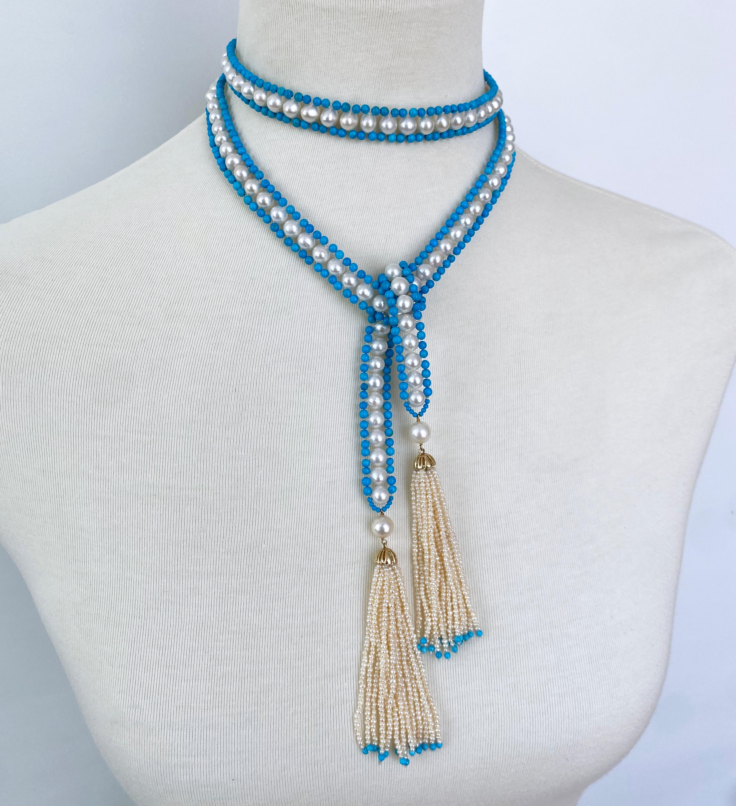 Stunning Sautoir by Marina J.

This piece is made with all Turquoise, Cultured Pearls, Natural Seed Pearls & Solid 14k Yellow Gold. This Pearl and Turquoise woven Sautoir measures 38 inches long sans Tassels, allowing one to wear it in multiple