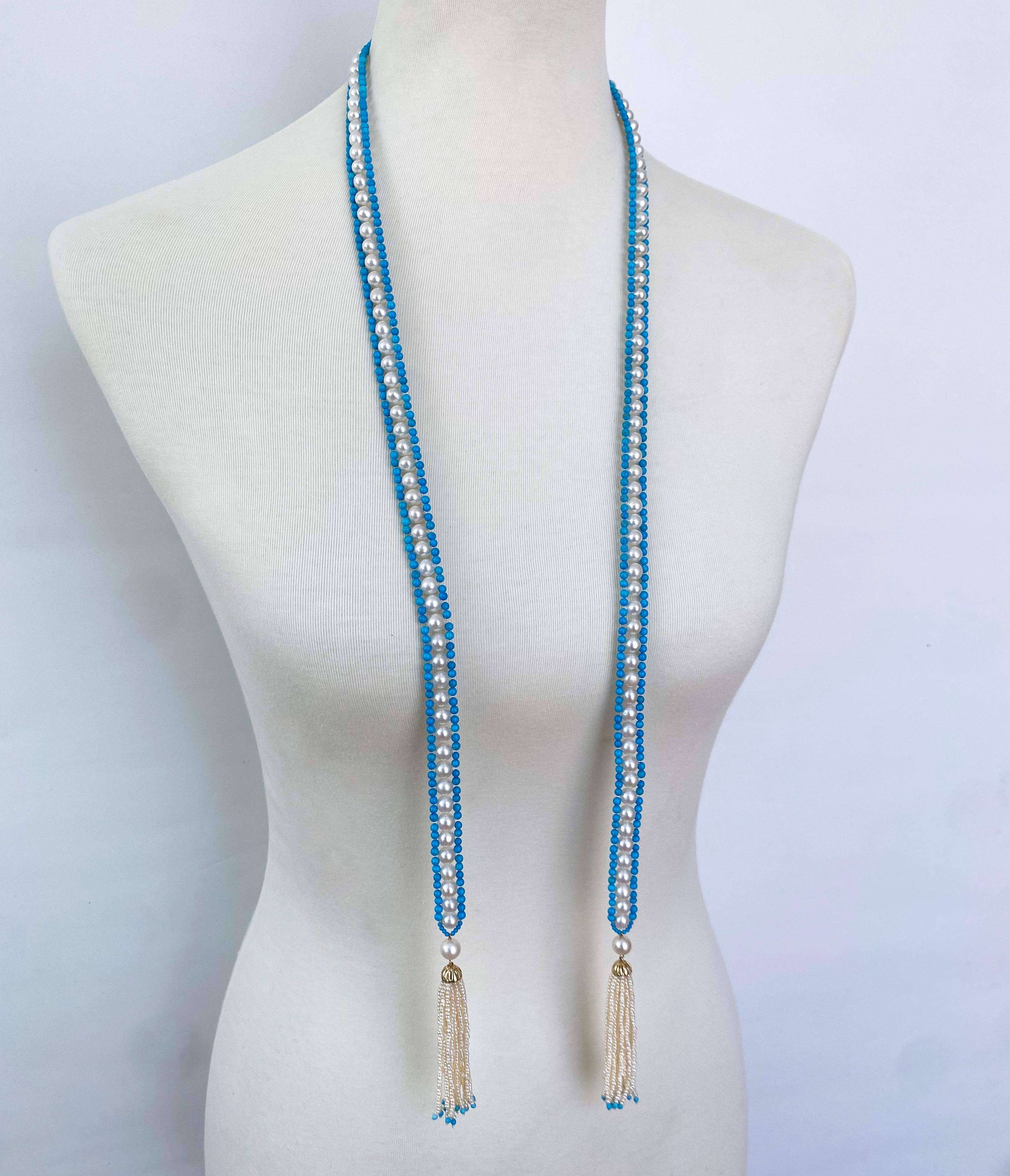 Artist Marina J. Woven Pearl & Turquoise Sautoir with Seed Pearl & Gold Tassels