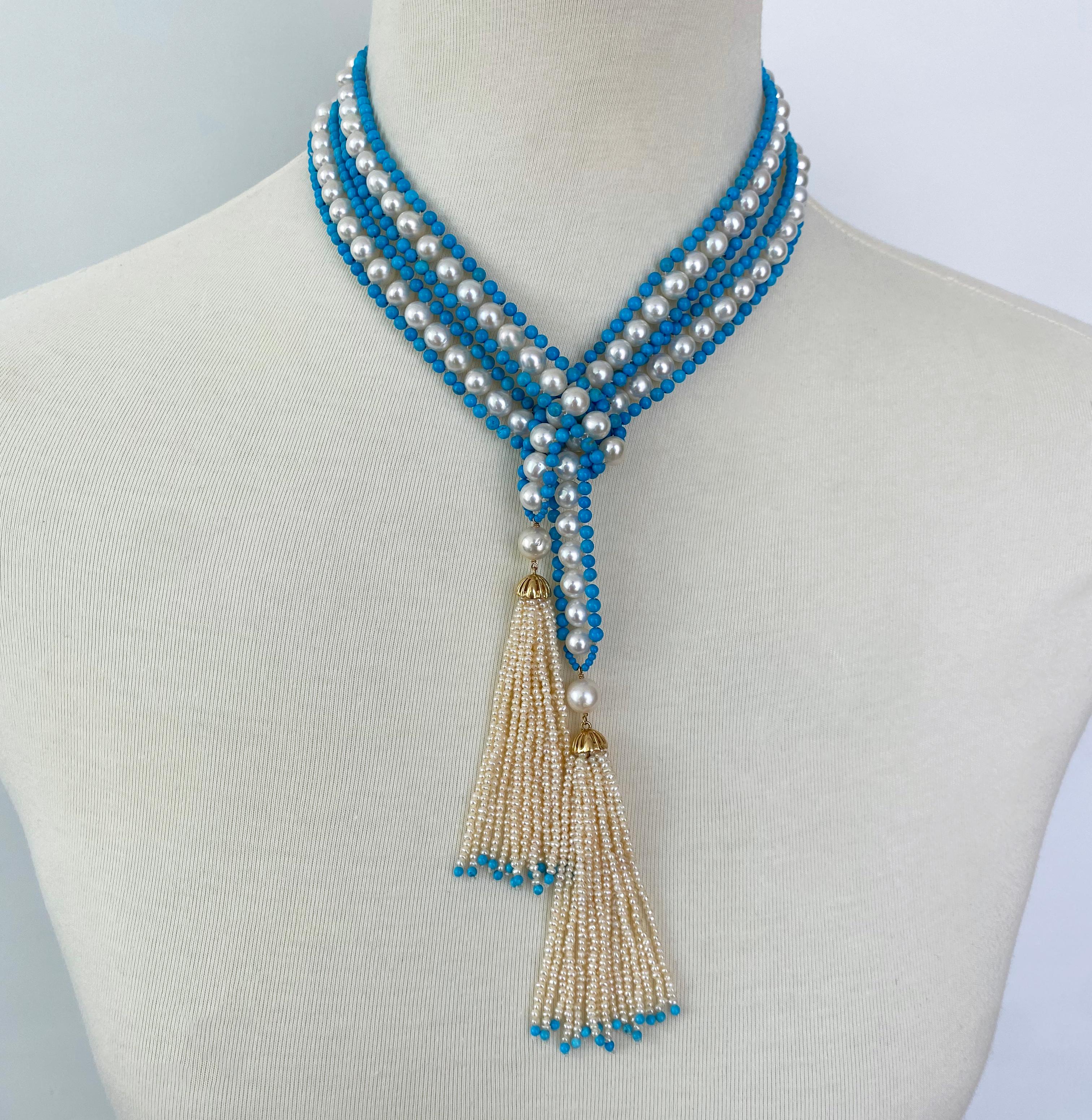 Bead Marina J. Woven Pearl & Turquoise Sautoir with Seed Pearl & Gold Tassels