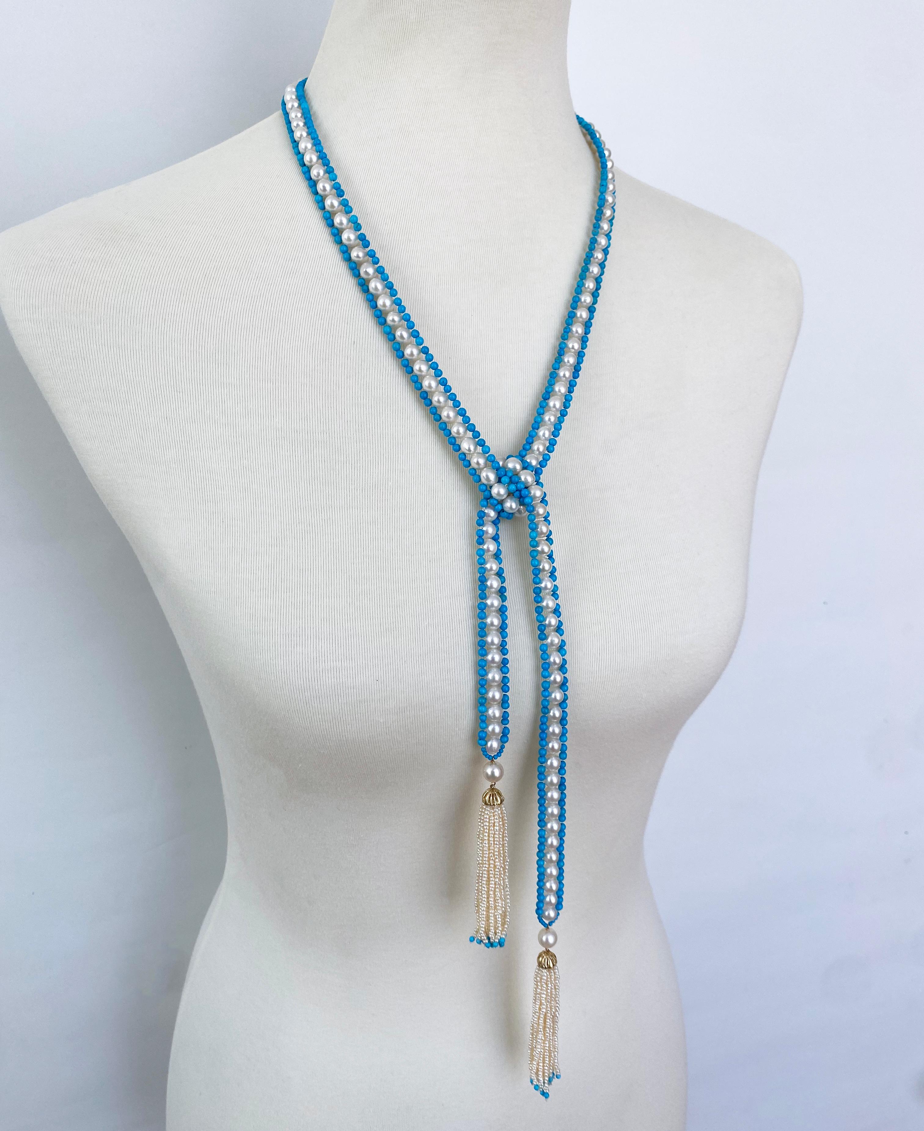 Marina J. Woven Pearl & Turquoise Sautoir with Seed Pearl & Gold Tassels In New Condition In Los Angeles, CA