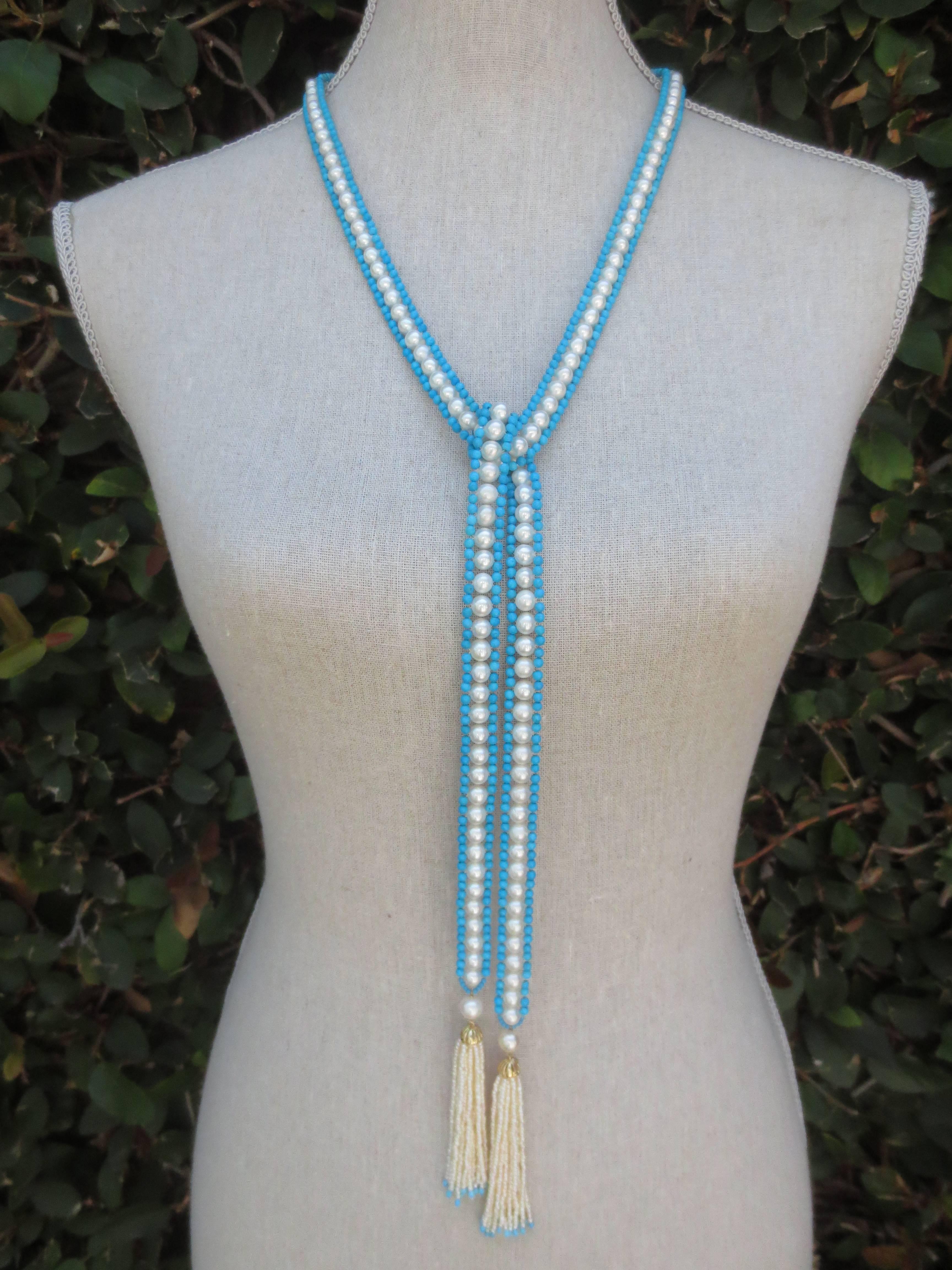Women's Marina J. Woven Pearl & Turquoise Sautoir with Seed Pearl & Gold Tassels
