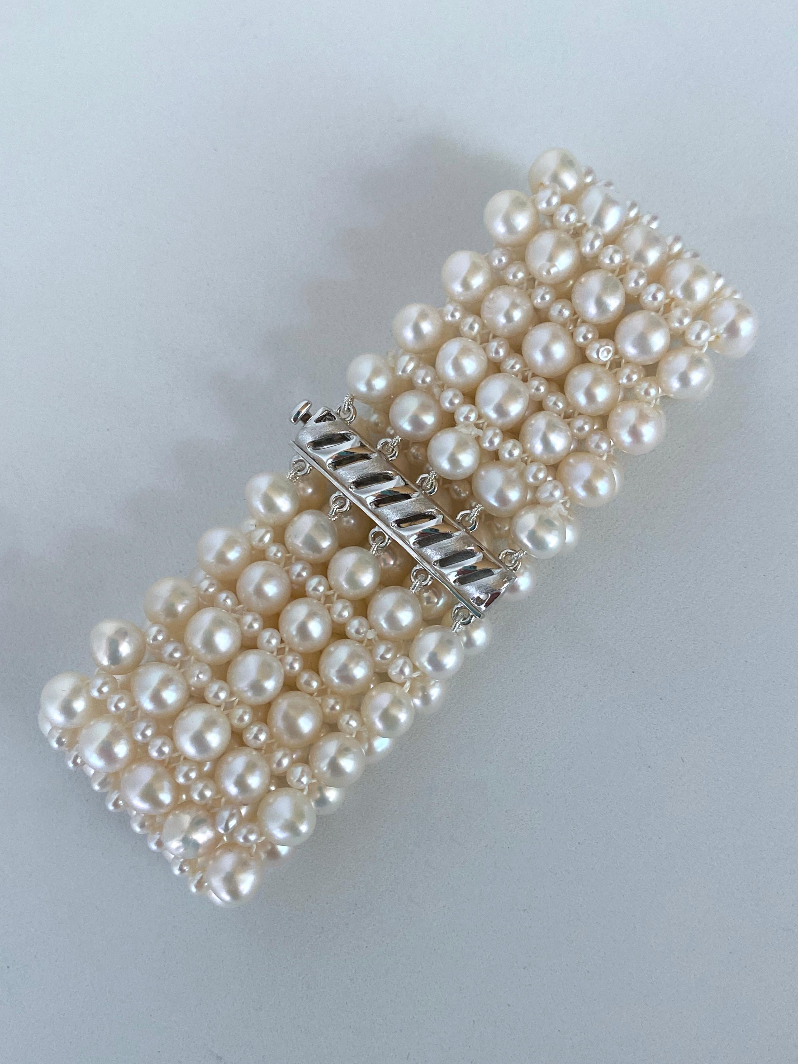 Artisan Marina J. Woven Pearl Wedding Bracelet with Rhodium Plated Silver Clasp For Sale