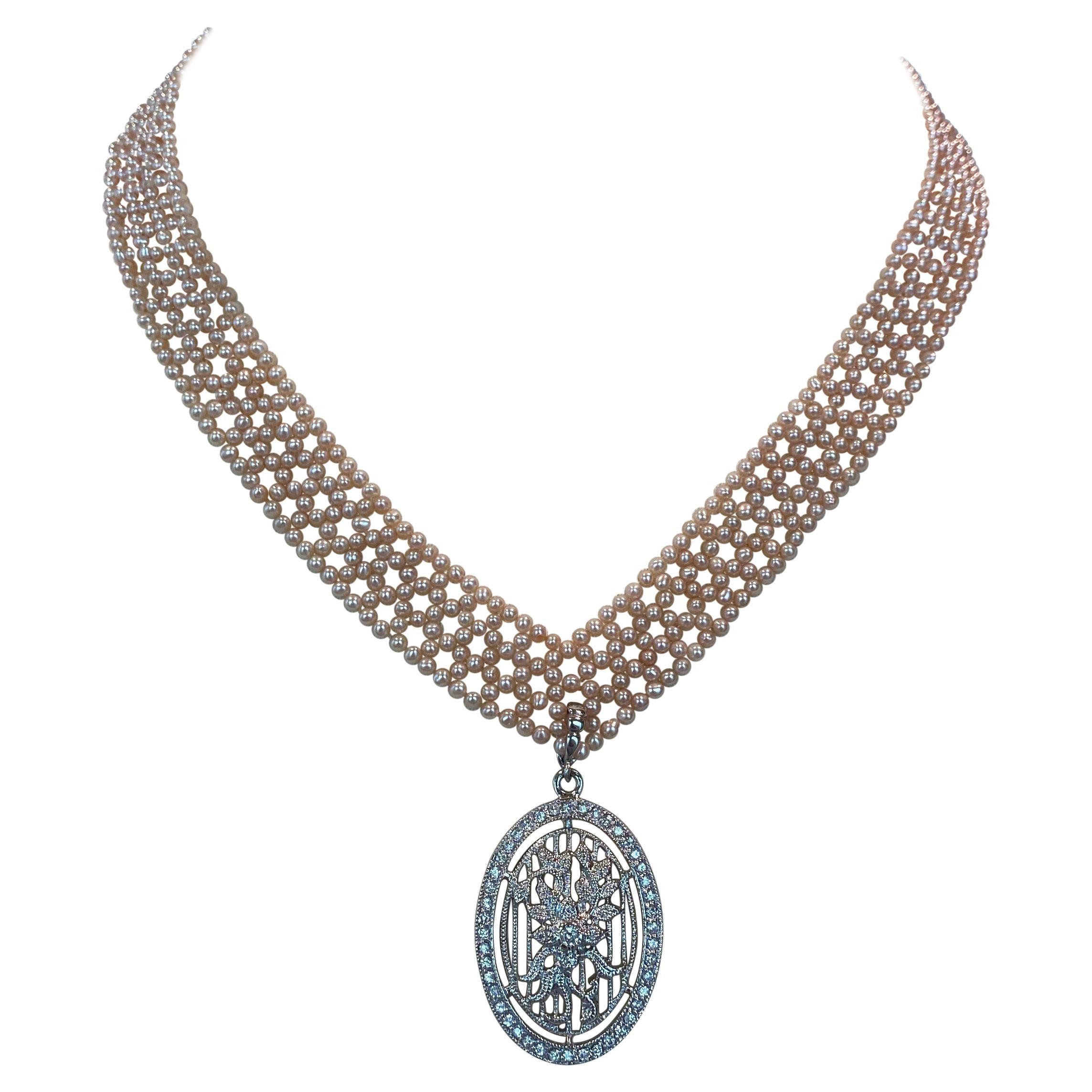 Marina J. Woven Pink Pearl "V" Necklace with 14k White Gold-Plated Sliding Clasp