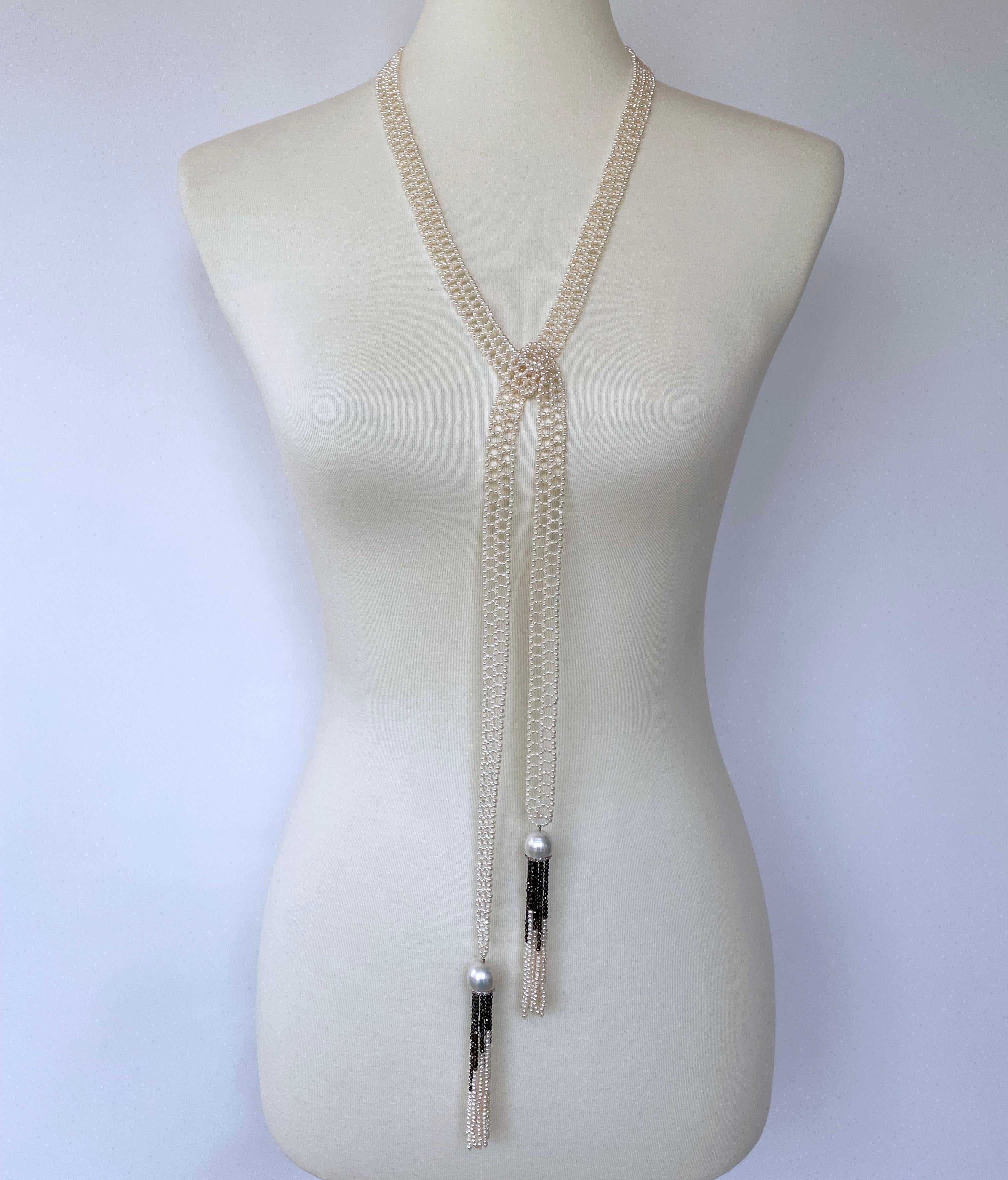 Marina J Woven Seed Pearl Sautoir with Black Spinel & Diamond-Encrusted Tassels In New Condition In Los Angeles, CA