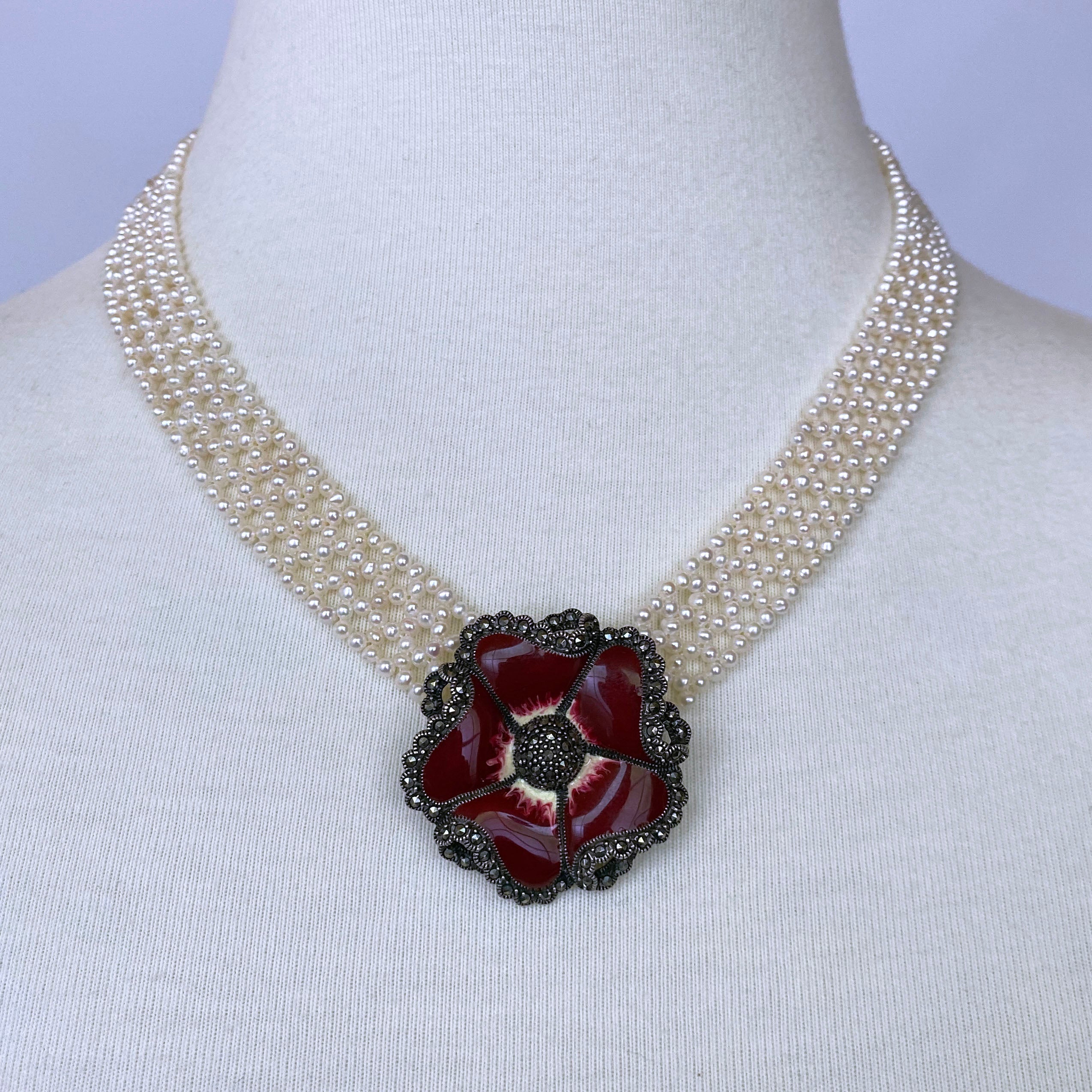 Marina J Woven 
V
 Shaped Pearl Necklace with Vintage Brooch