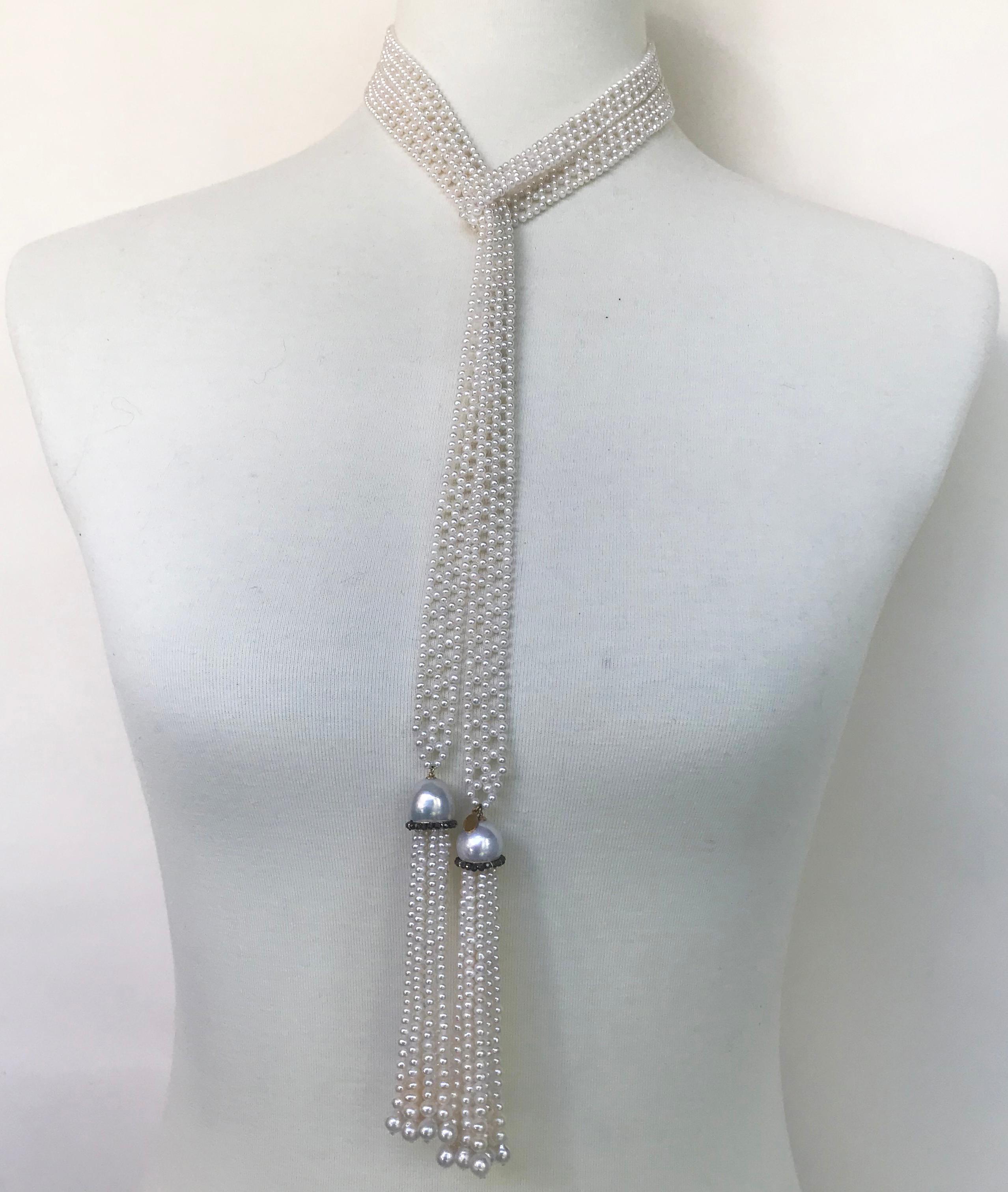 Marina J. Woven White Pearl Sautoir Necklace with Black Spinel & 14k Yellow Gold 9