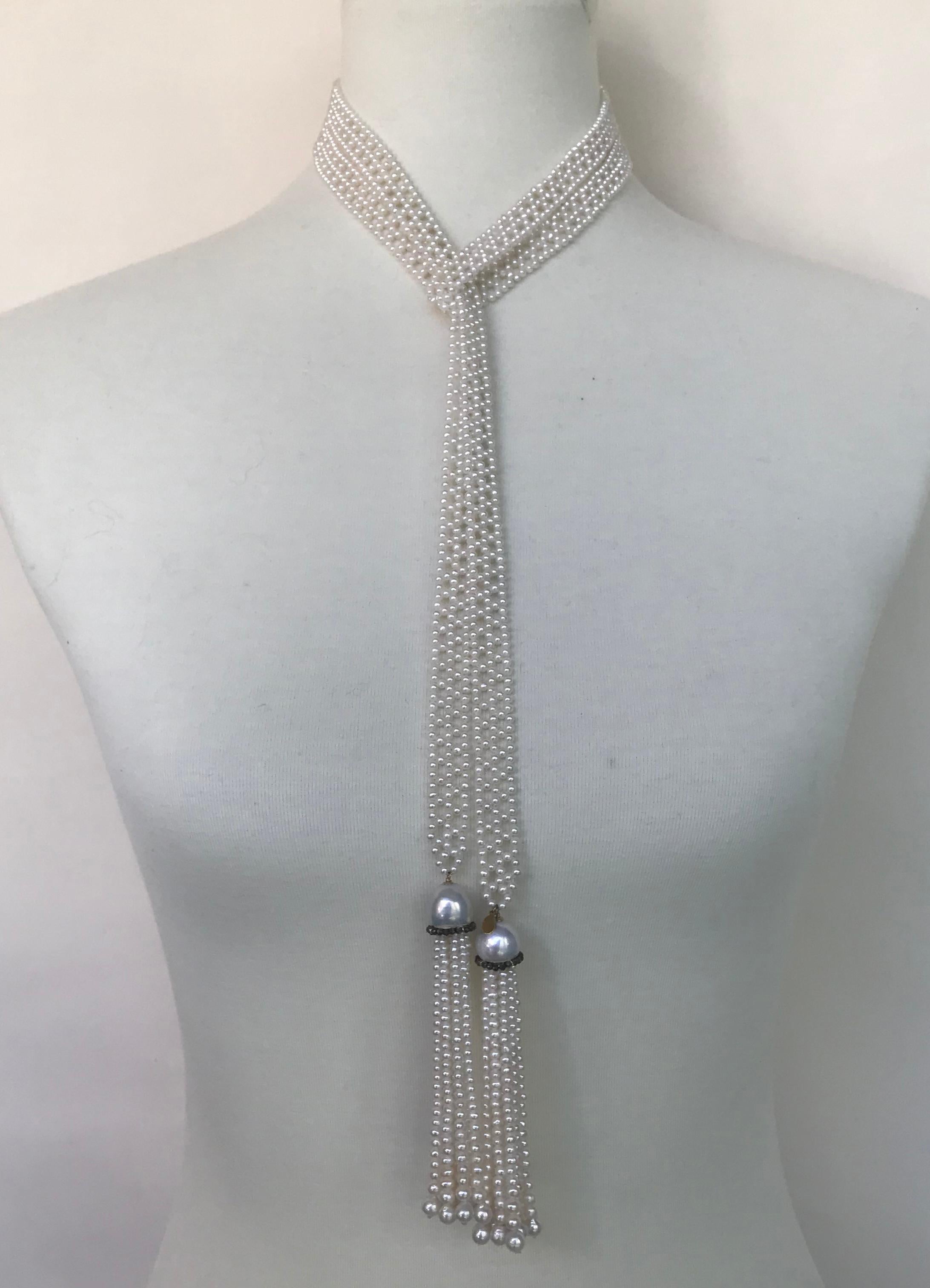 Artist Marina J. Woven White Pearl Sautoir Necklace with Black Spinel & 14k Yellow Gold