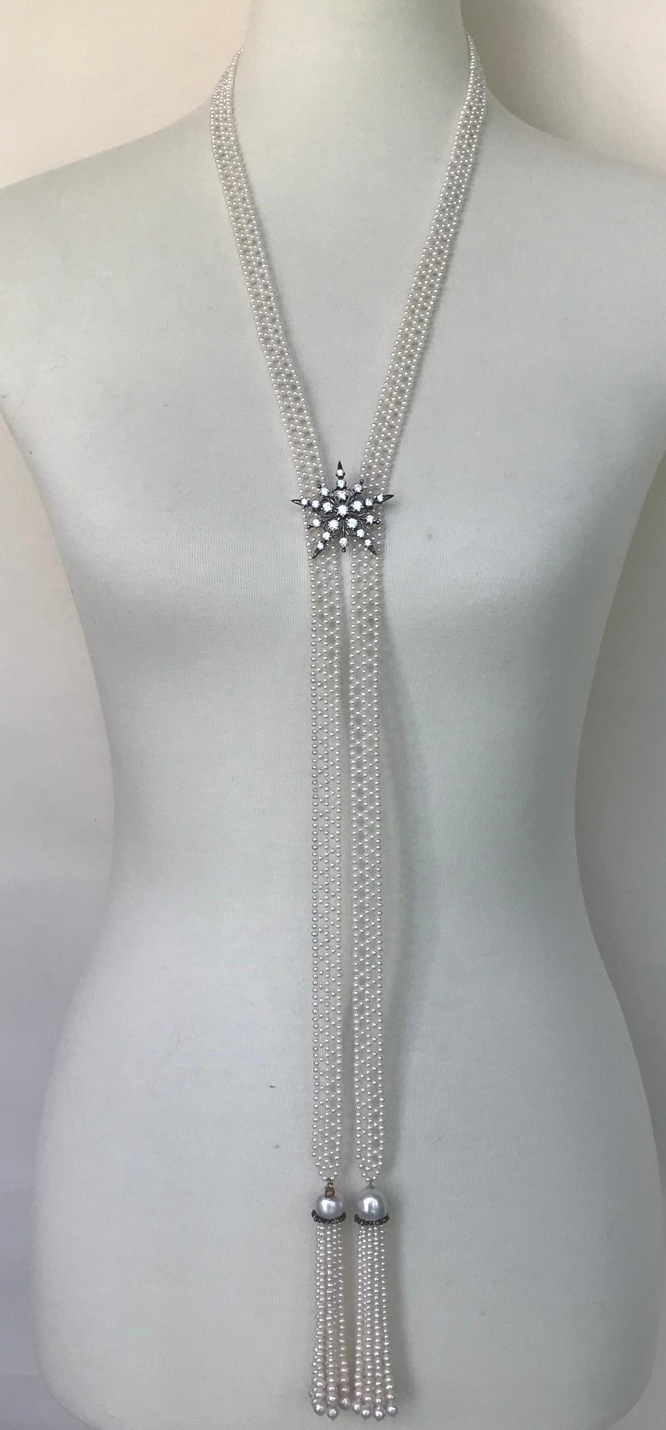 Marina J. Woven White Pearl Sautoir Necklace with Black Spinel & 14k Yellow Gold In New Condition In Los Angeles, CA