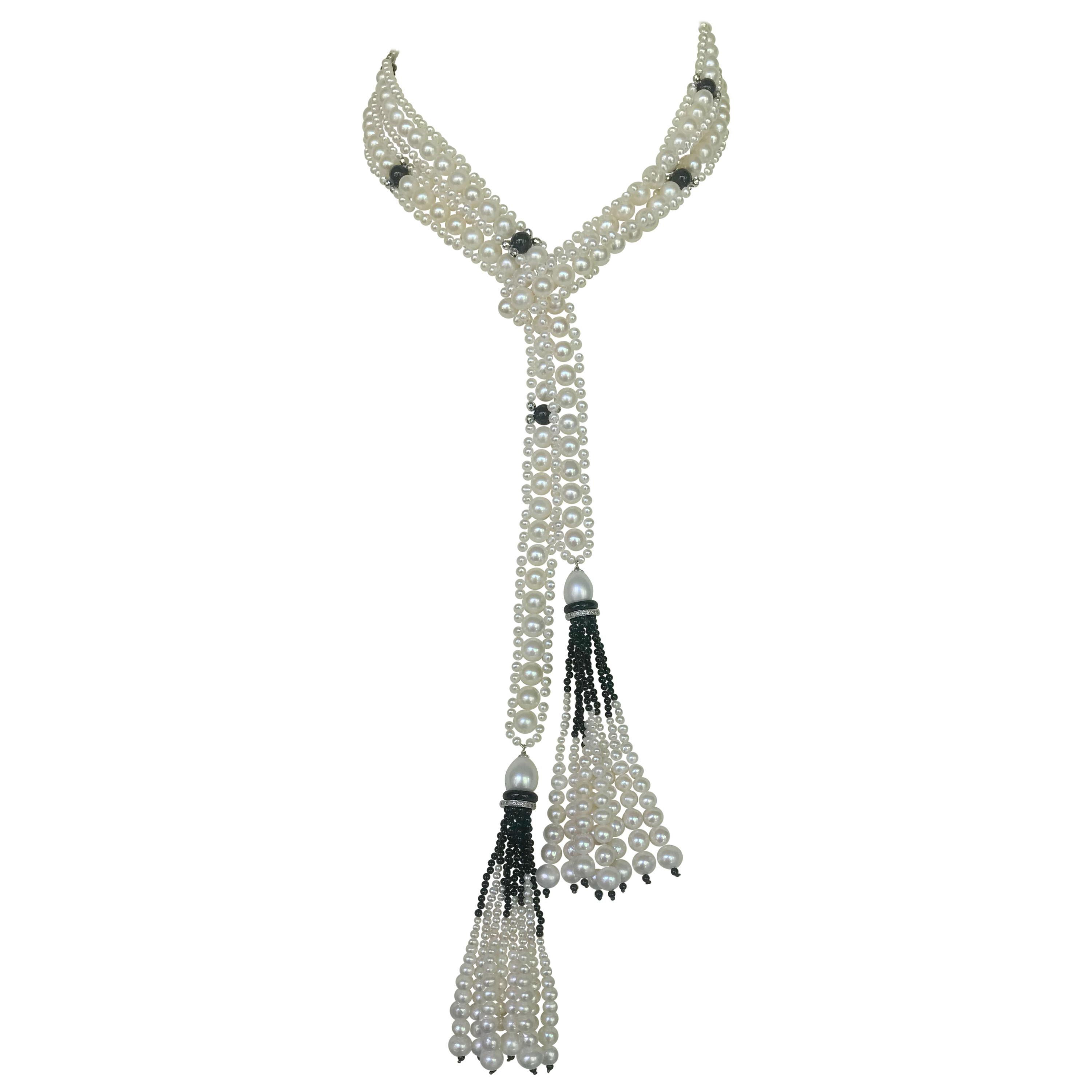 Marina J Woven Pearl Sautoir with Tassels and 14 K White Gold and Onyx beads
