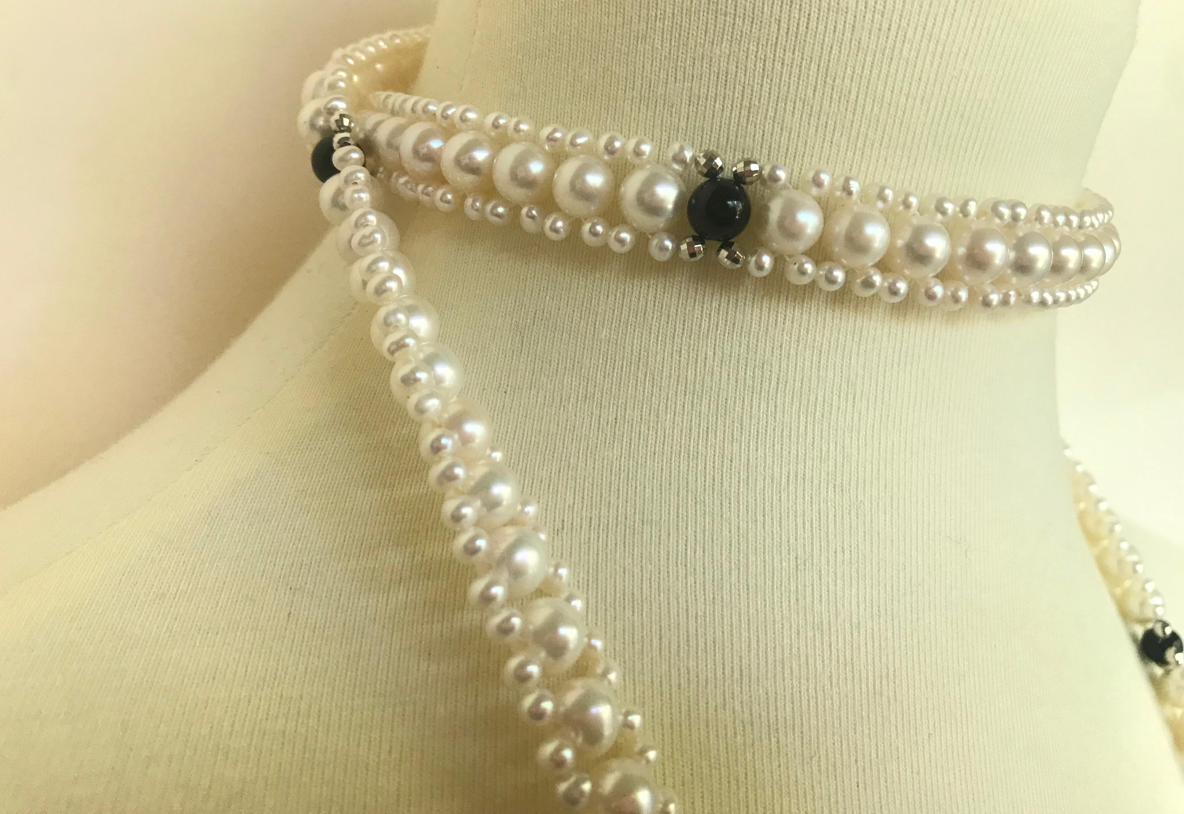 Marina J Woven Pearl Sautoir with Tassels and 14 K White Gold and Onyx beads 3