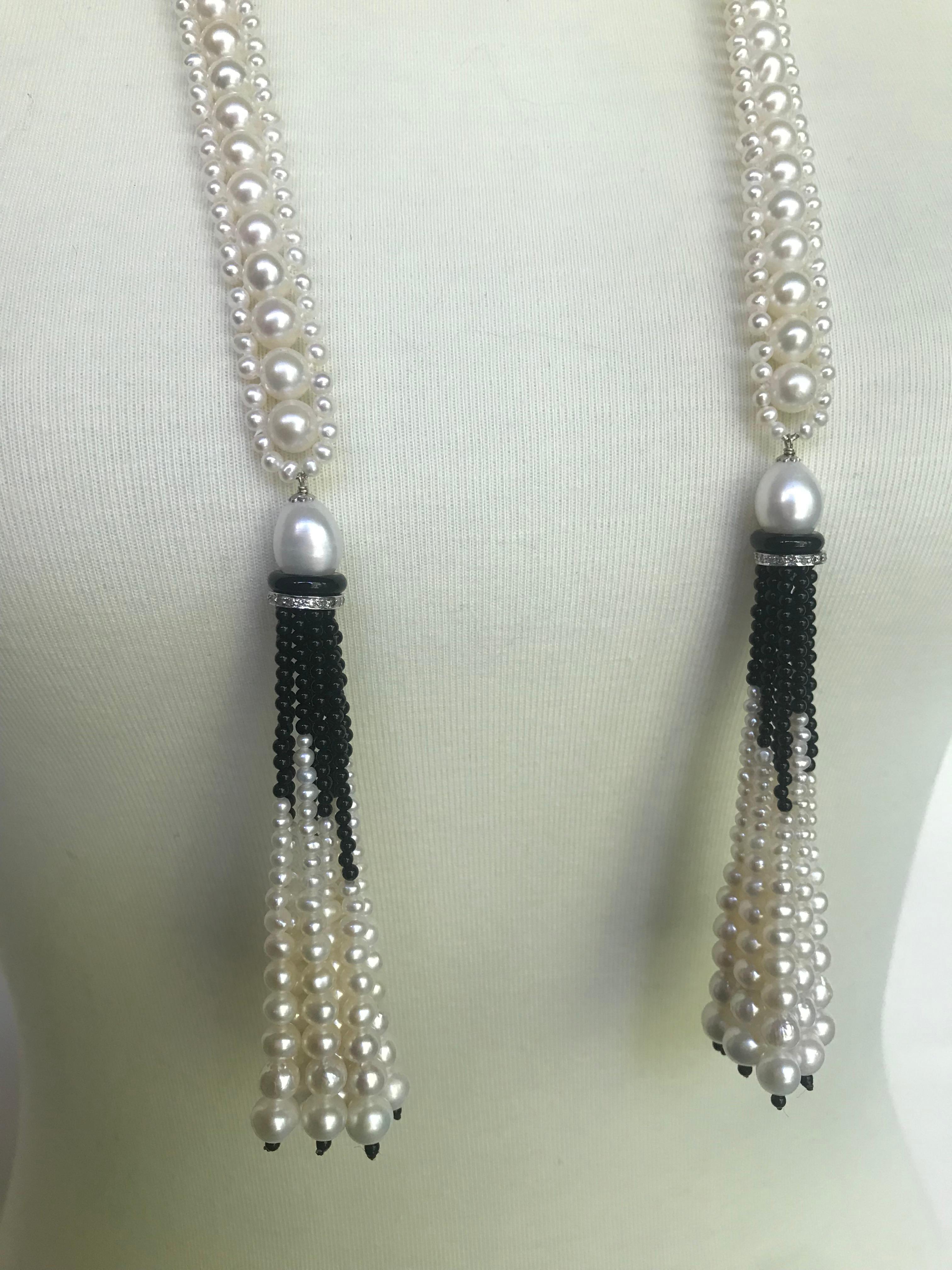 Marina J Woven Pearl Sautoir with Tassels and 14 K White Gold and Onyx beads 4