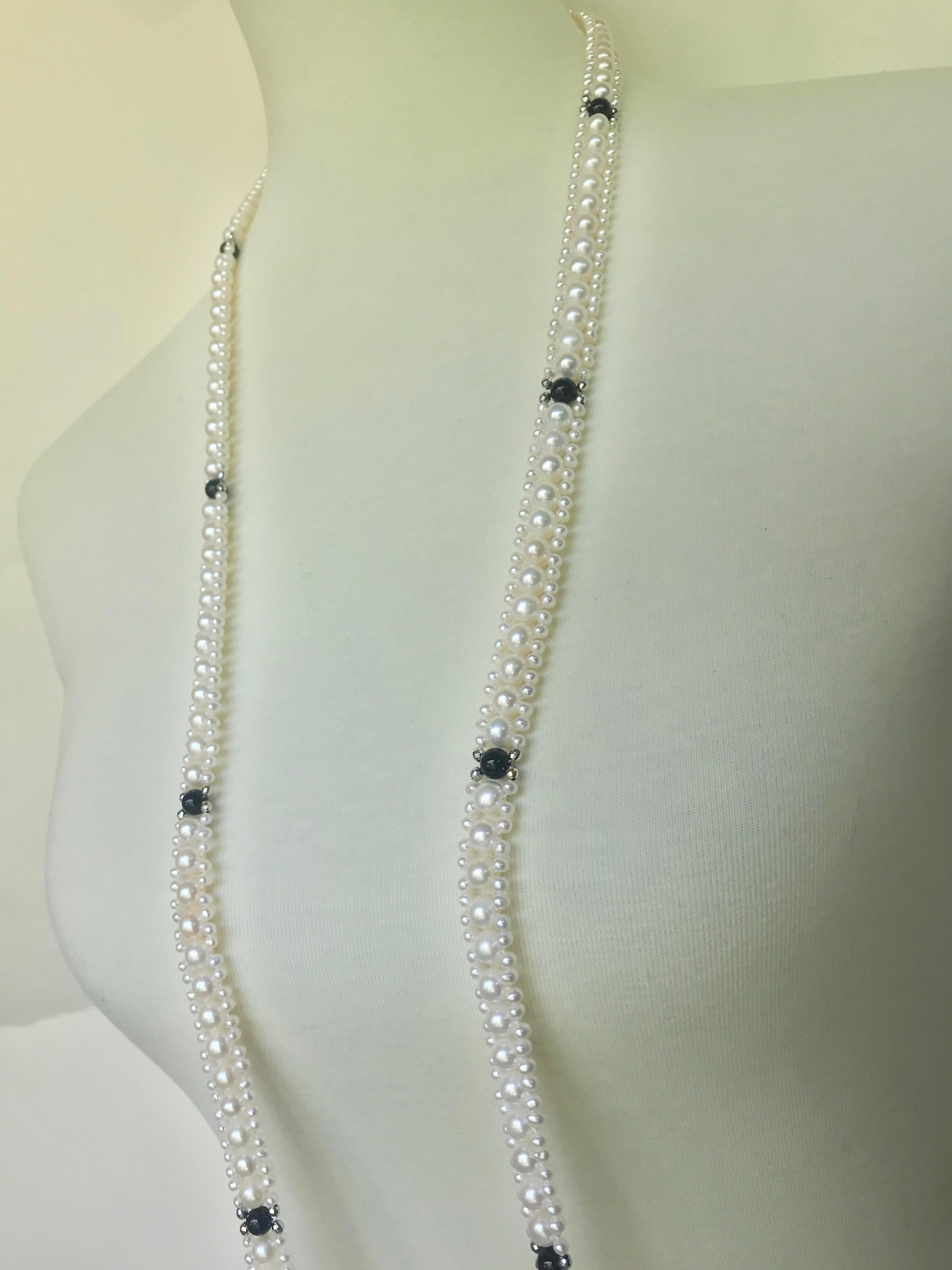 Marina J Woven Pearl Sautoir with Tassels and 14 K White Gold and Onyx beads 5