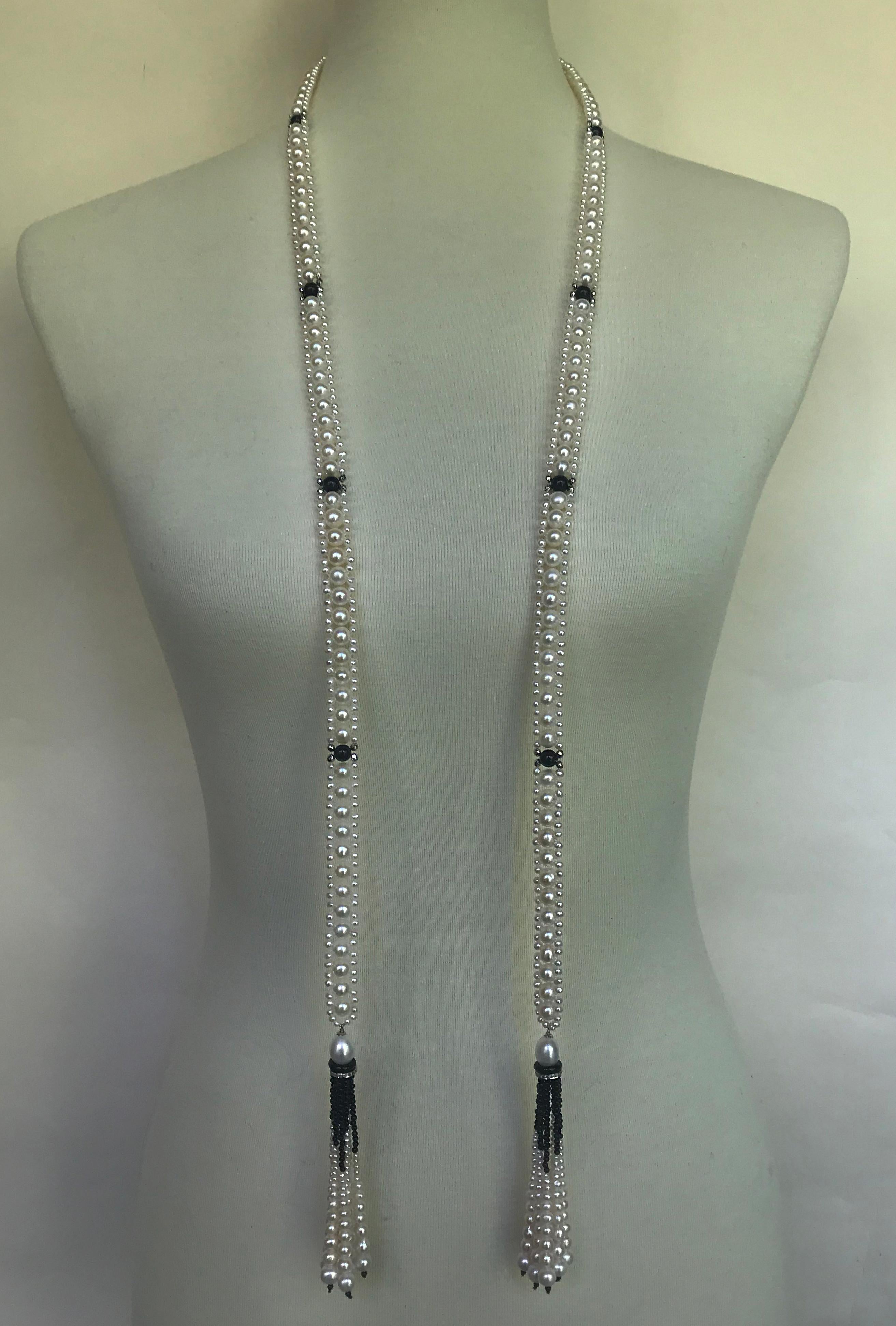 Marina J Woven Pearl Sautoir with Tassels and 14 K White Gold and Onyx beads 6