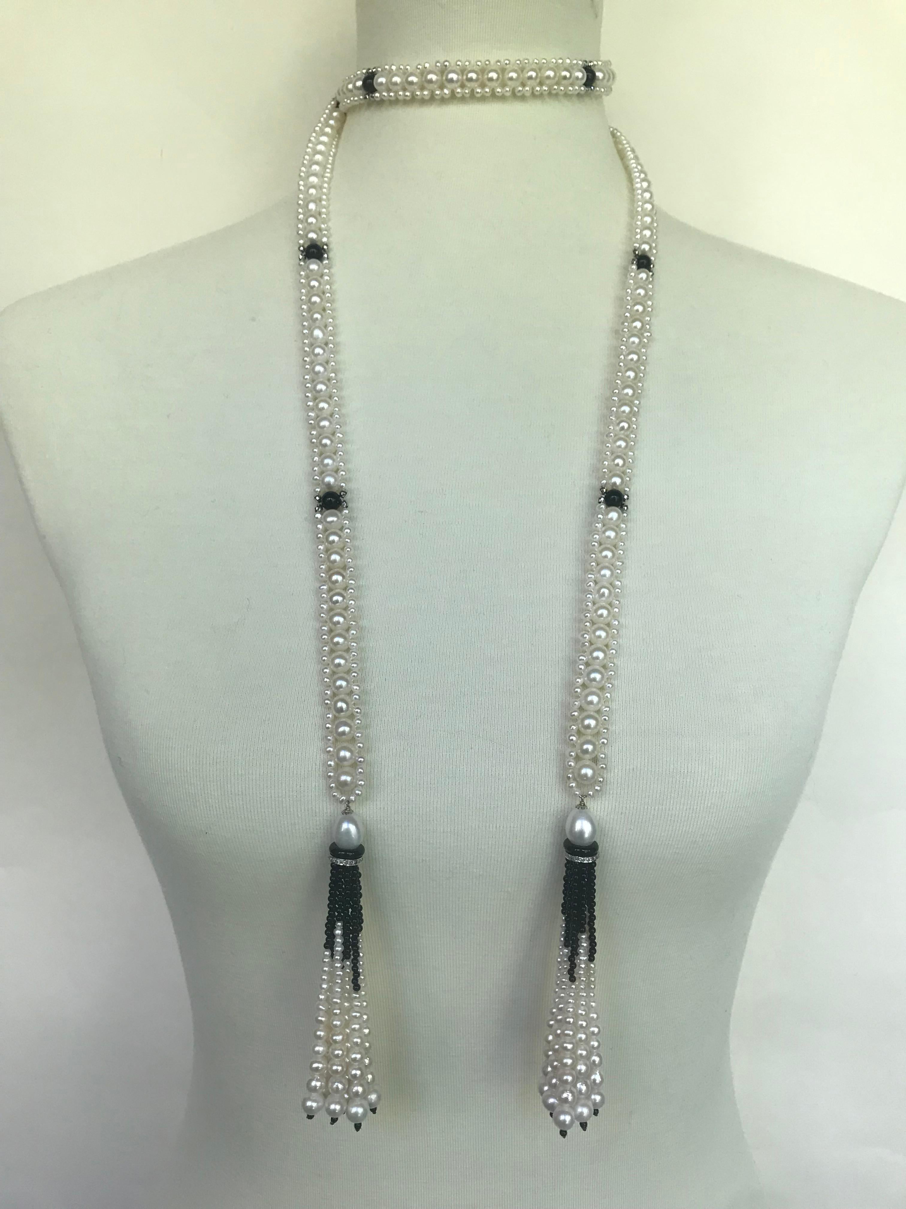 Marina J Woven Pearl Sautoir with Tassels and 14 K White Gold and Onyx beads 7