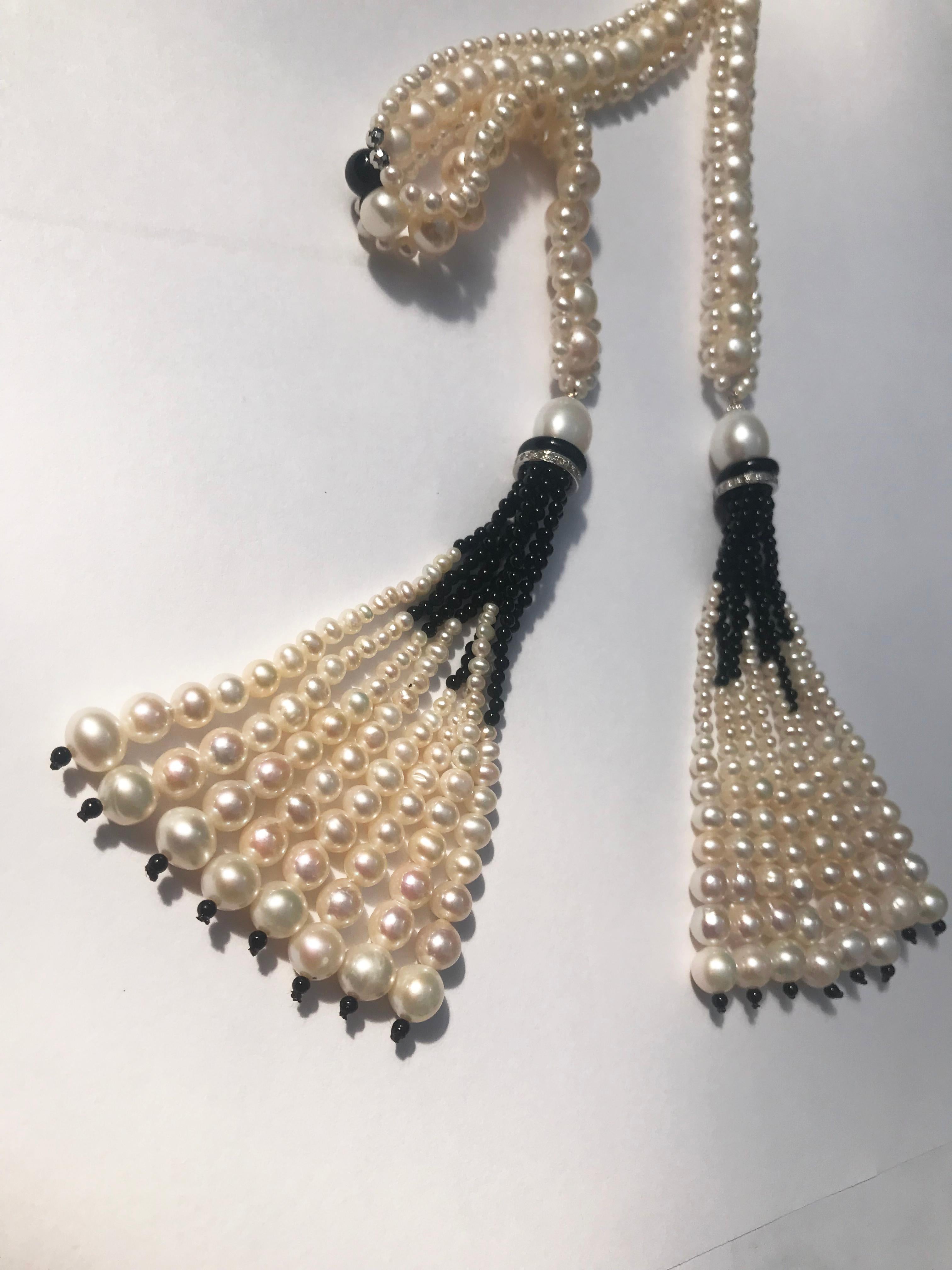 Marina J Woven Pearl Sautoir with Tassels and 14 K White Gold and Onyx beads 10