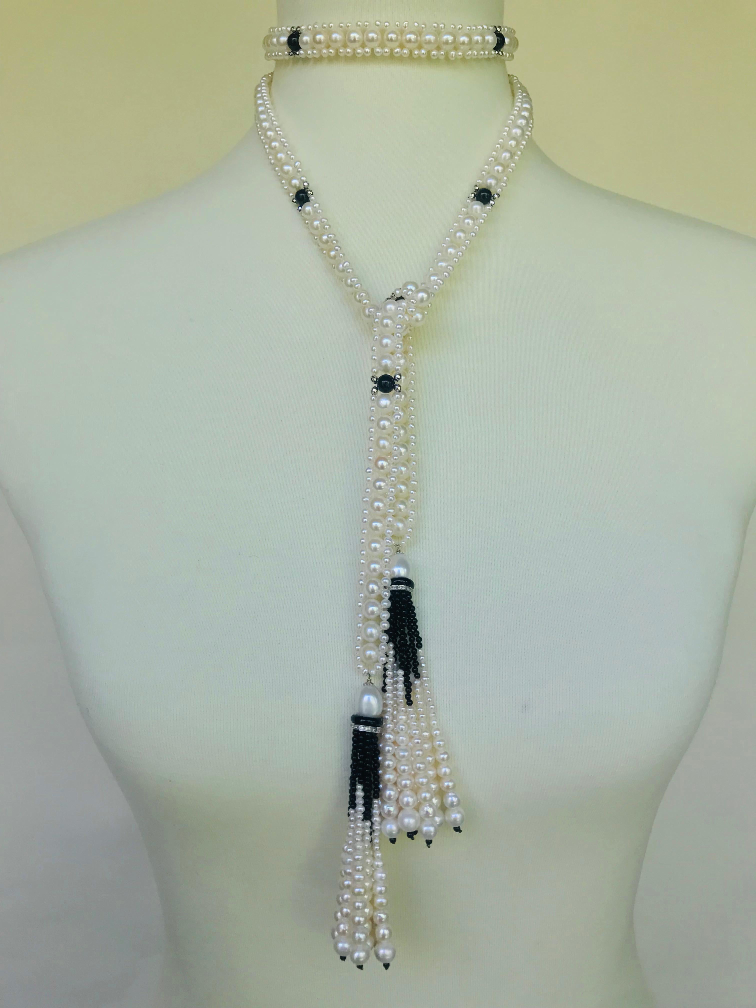 Marina J Woven Pearl Sautoir with Tassels and 14 K White Gold and Onyx beads 11