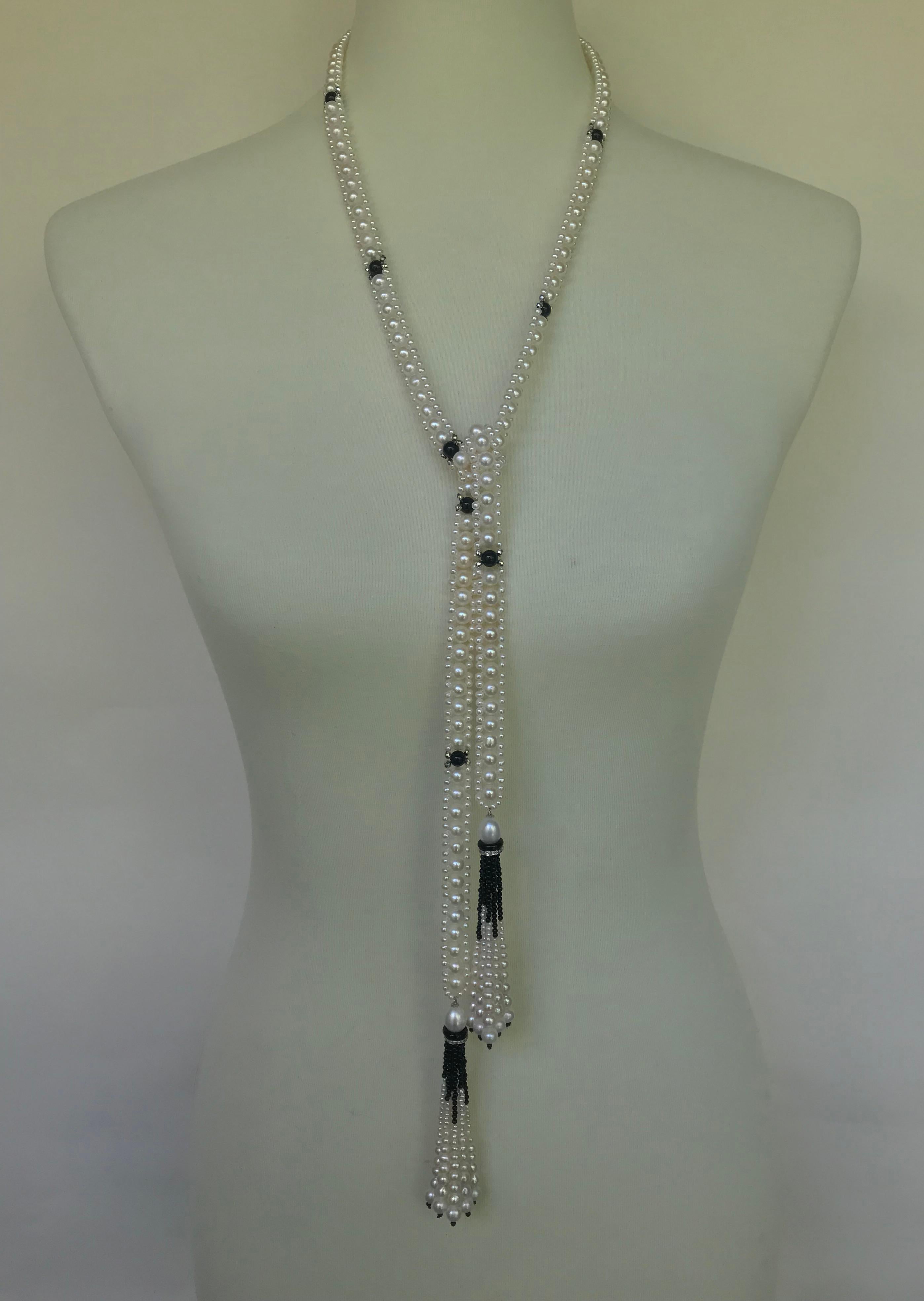 Artist Marina J Woven Pearl Sautoir with Tassels and 14 K White Gold and Onyx beads