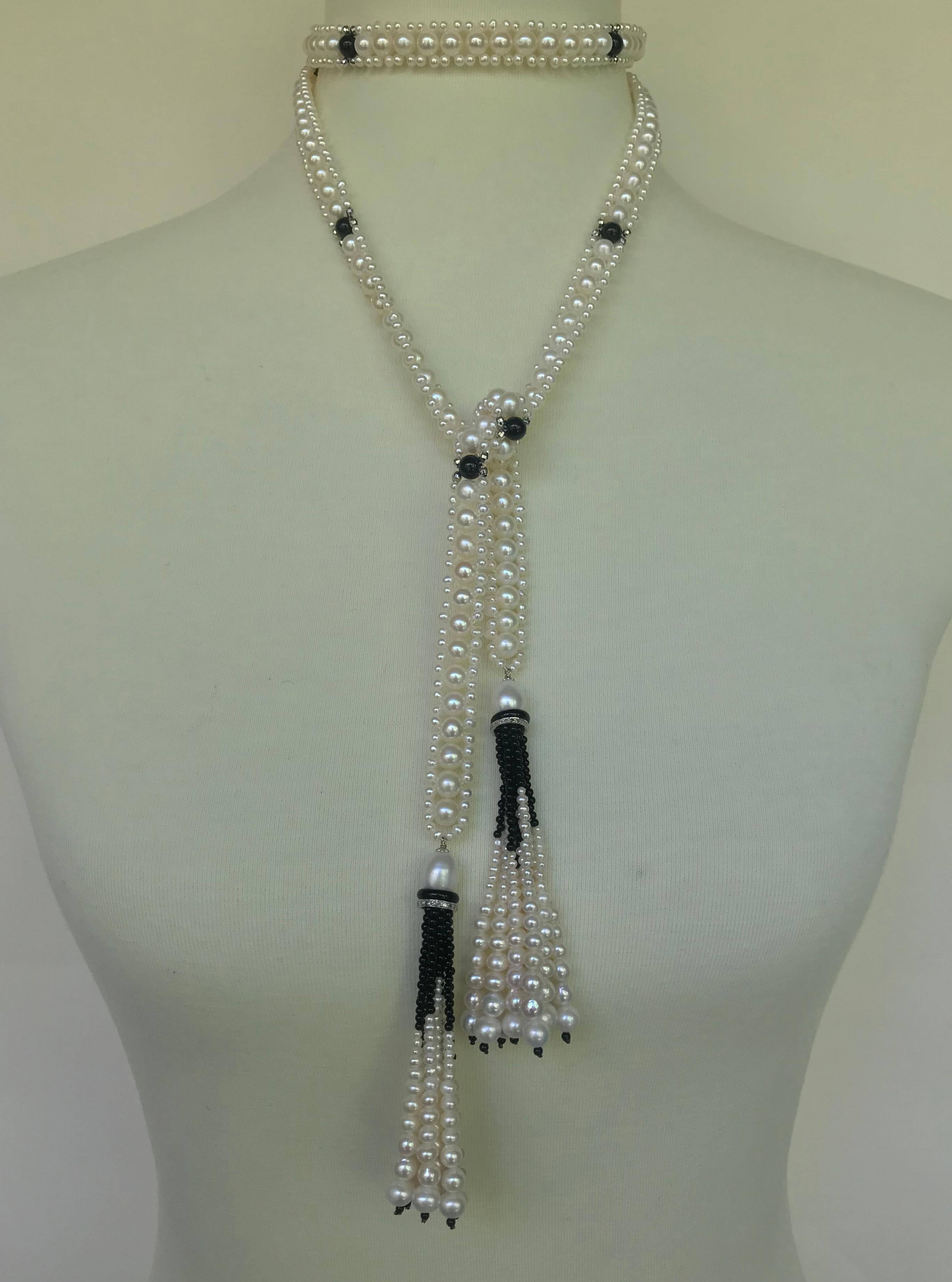 Bead Marina J Woven Pearl Sautoir with Tassels and 14 K White Gold and Onyx beads