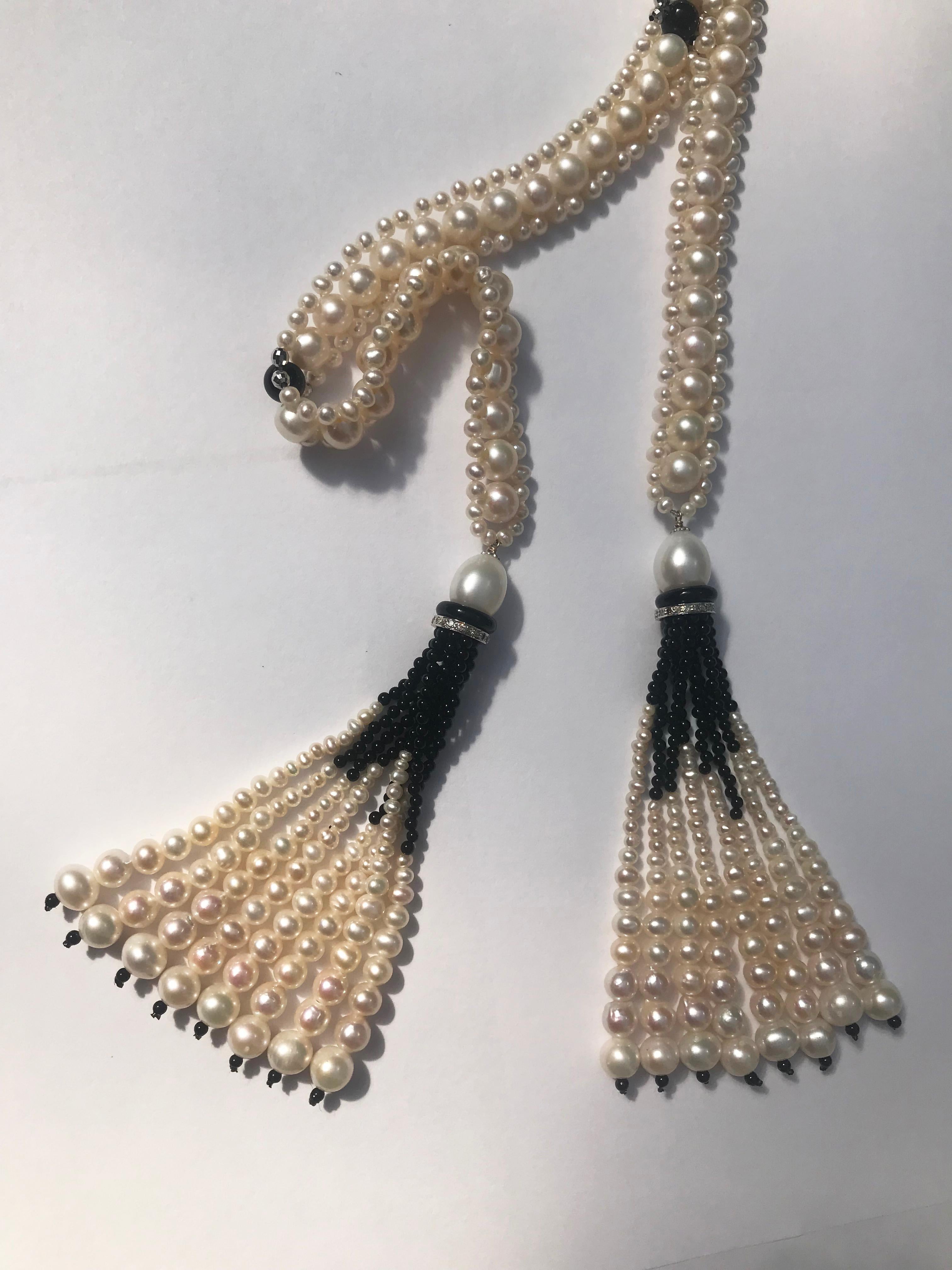 Marina J Woven Pearl Sautoir with Tassels and 14 K White Gold and Onyx beads In New Condition In Los Angeles, CA