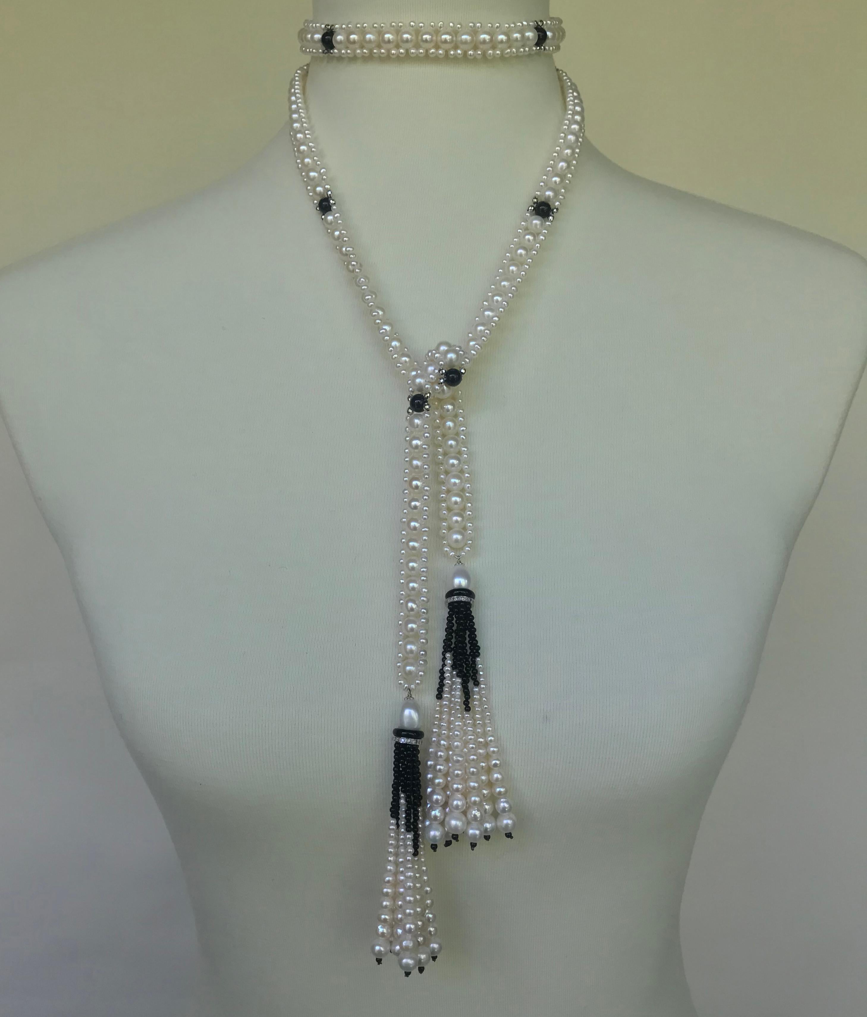 Women's Marina J Woven Pearl Sautoir with Tassels and 14 K White Gold and Onyx beads