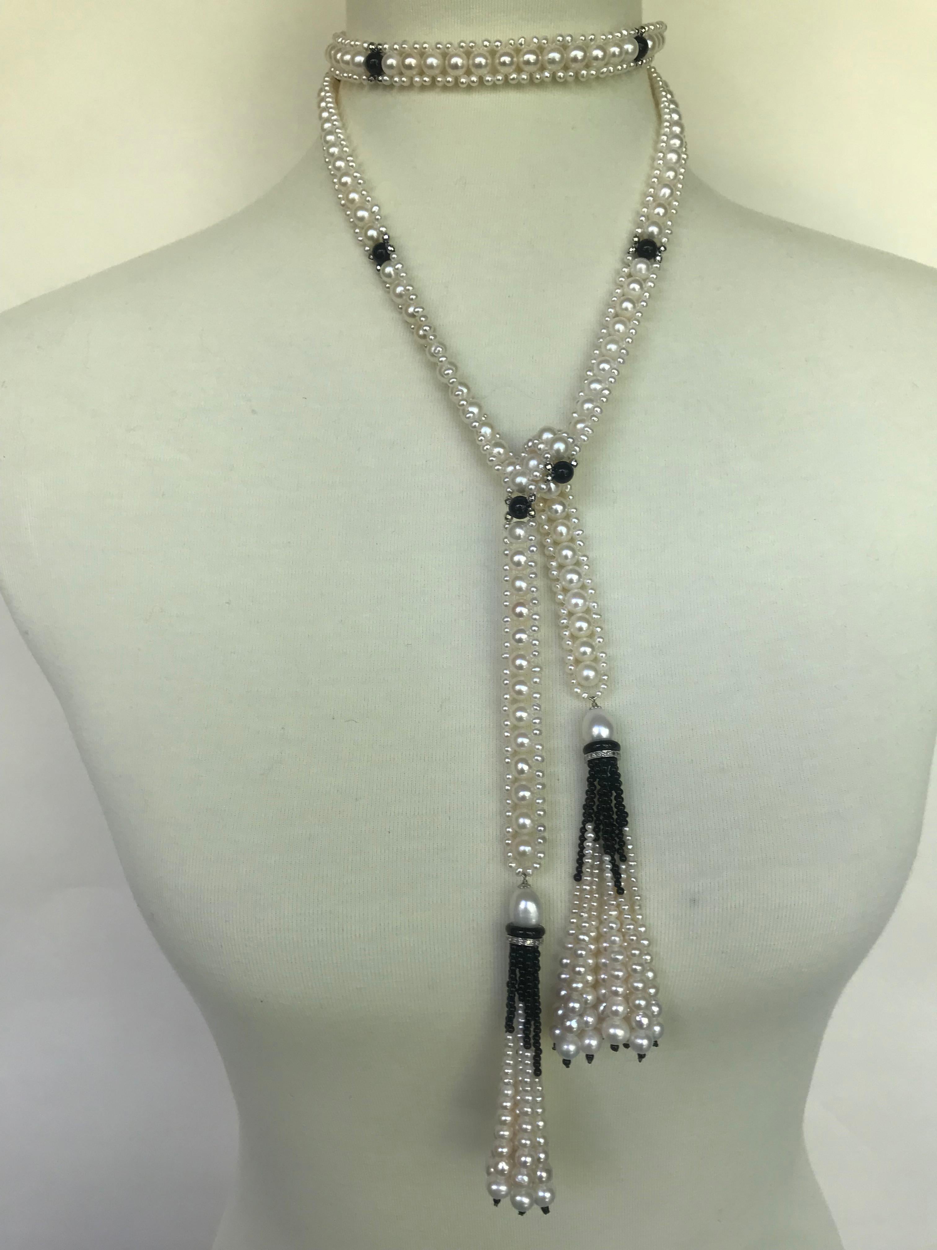 Marina J Woven Pearl Sautoir with Tassels and 14 K White Gold and Onyx beads 1