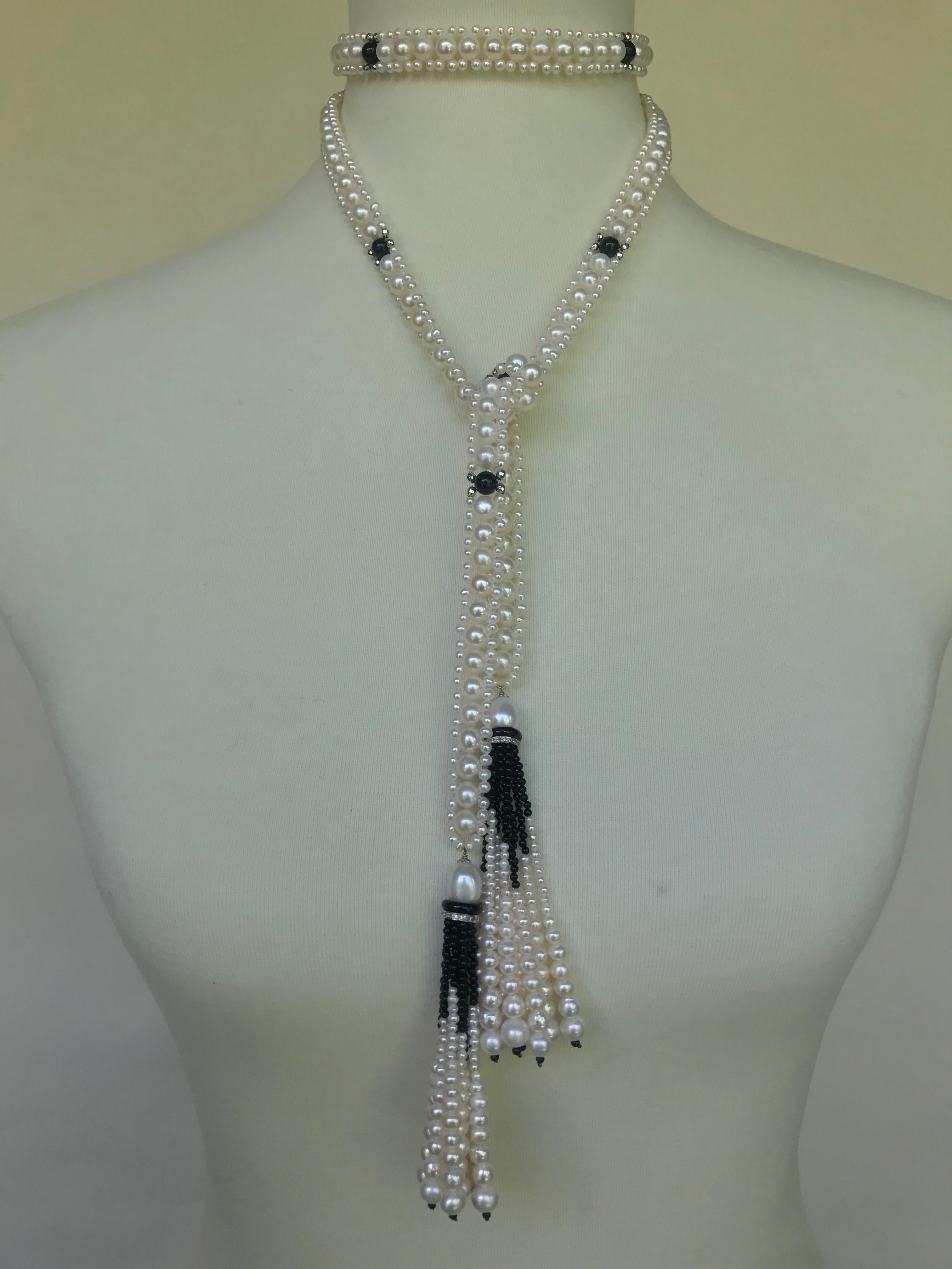 Marina J Woven Pearl Sautoir with Tassels and 14 K White Gold and Onyx beads 2