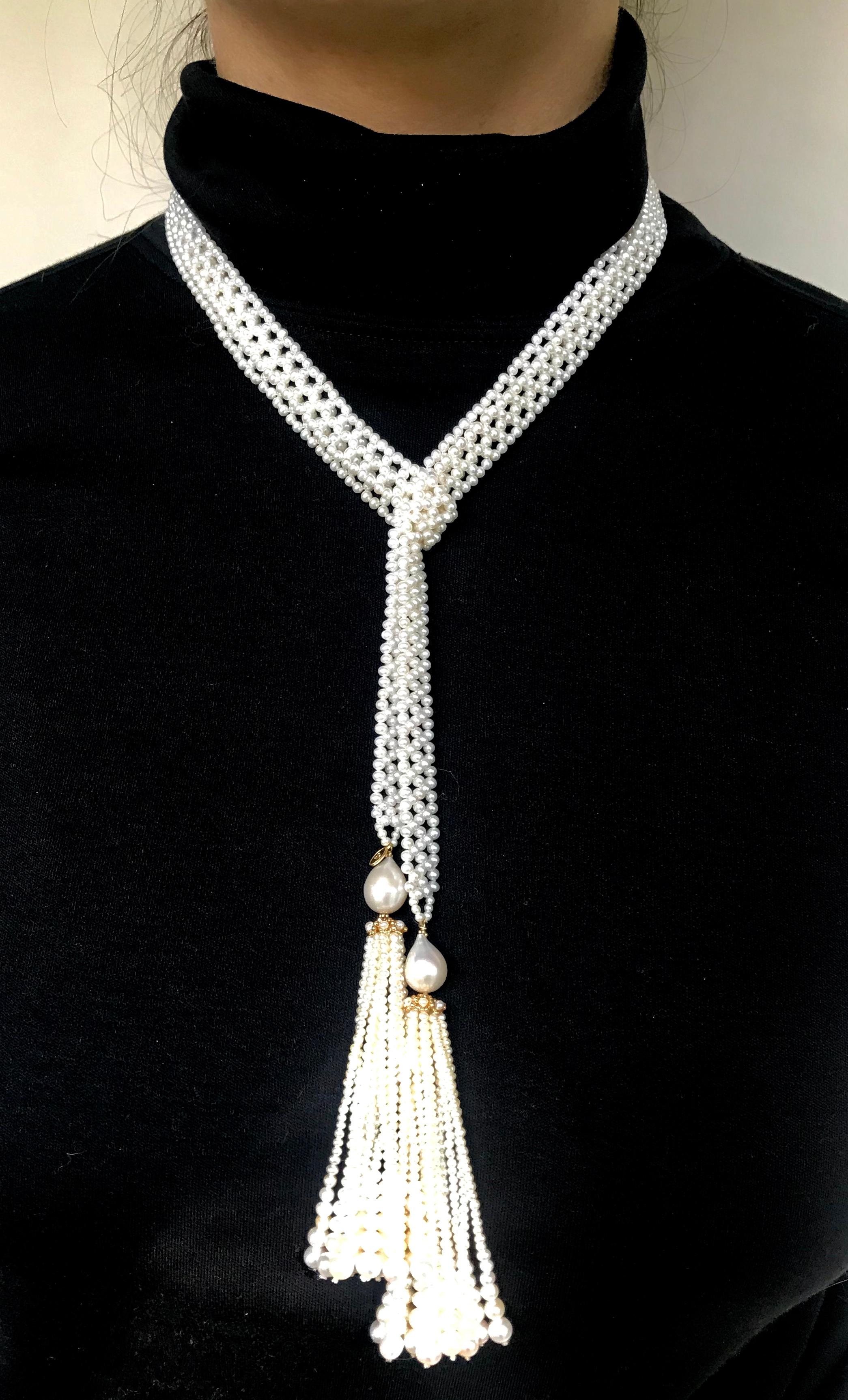 Marina J. Long Woven Pearl Sautoir Necklace , Graduated Tassels, 14k Yellow Gold 12