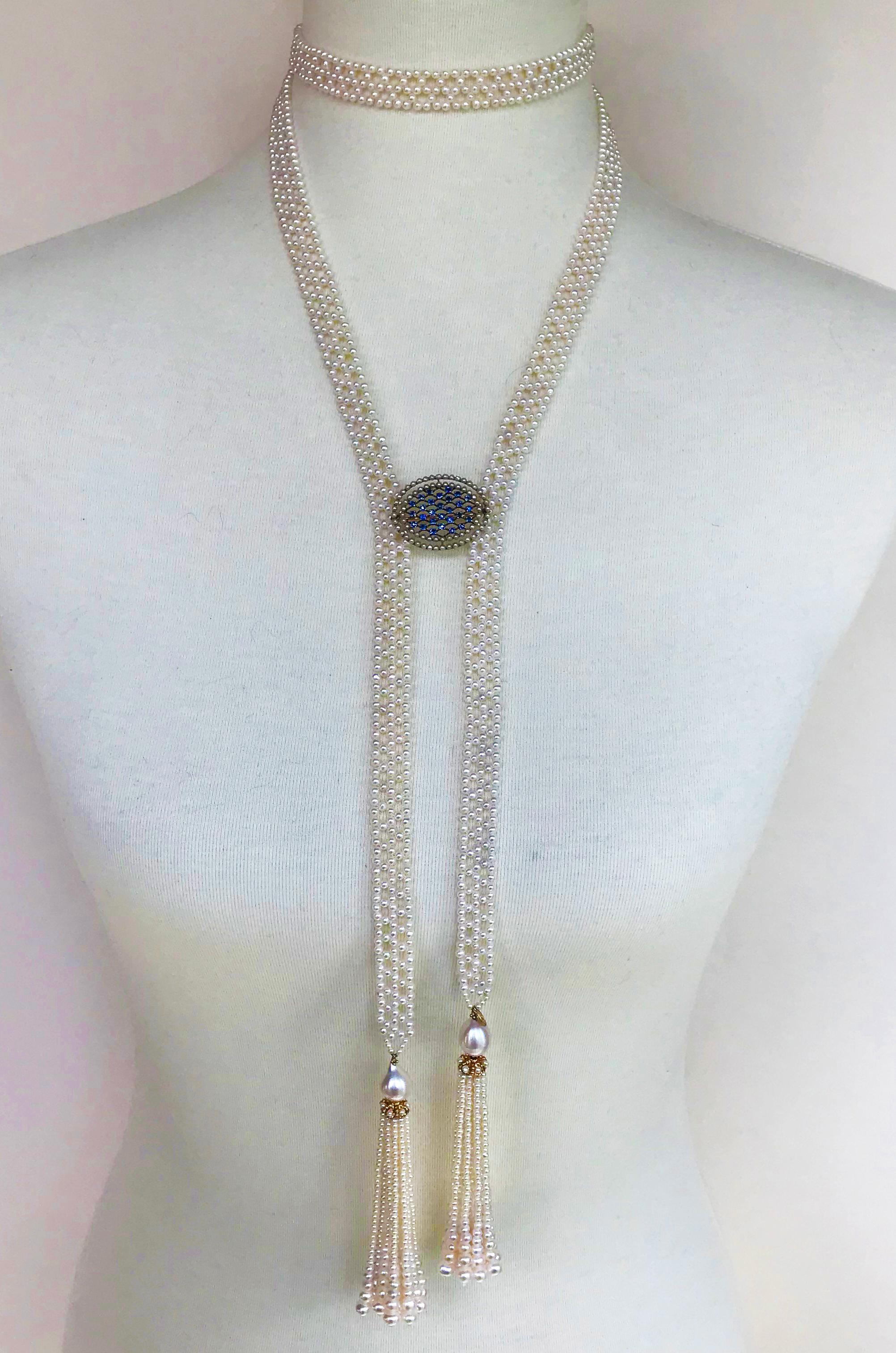 The weave of this elegant sautoir is created with beautiful and perfectly round cultured pearls. The lace-like design is delicate and graceful. Unique and wonderful, this piece is perfect for every special occasion. The pearls sizes on the woven