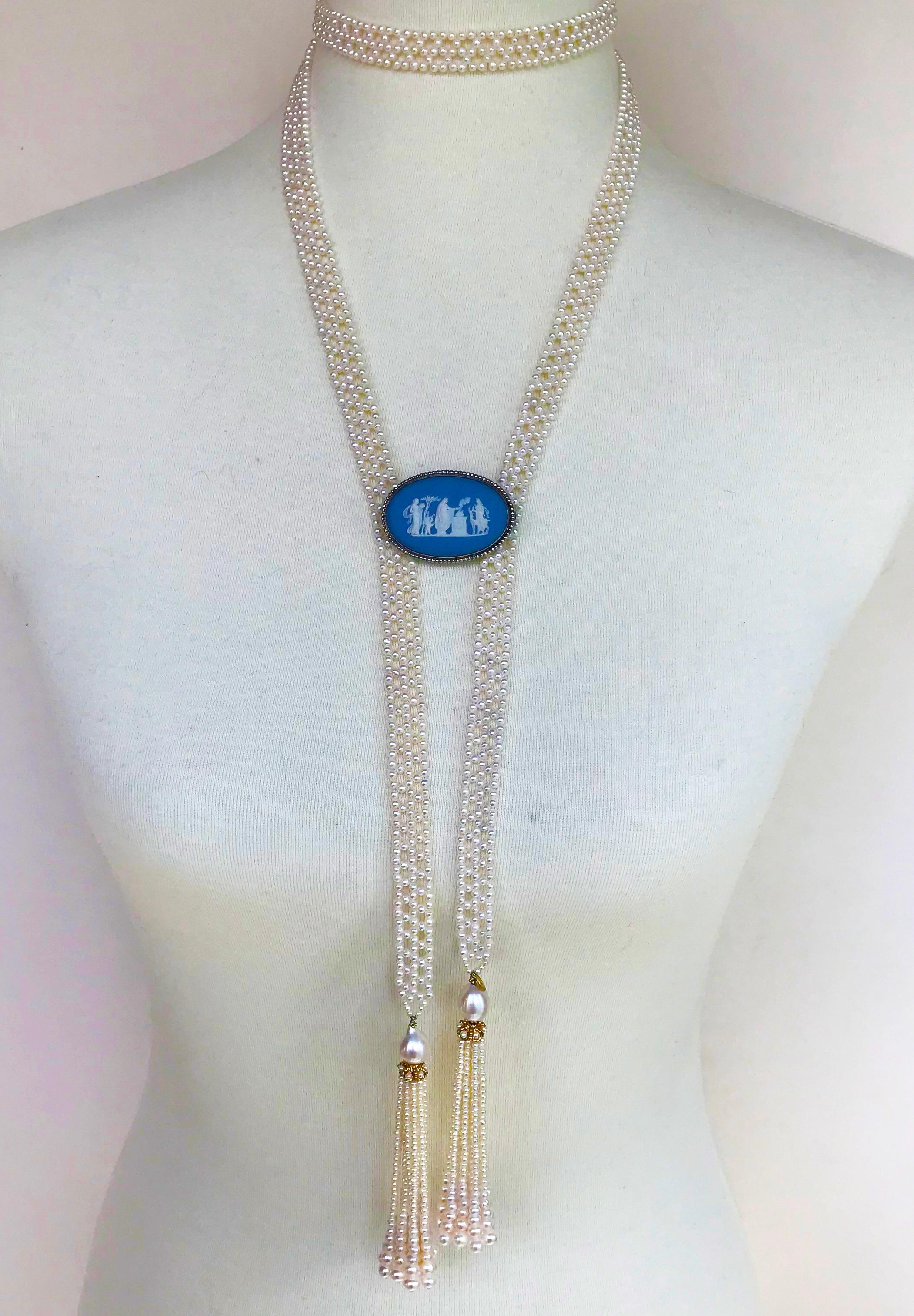 Bead Marina J. Long Woven Pearl Sautoir Necklace , Graduated Tassels, 14k Yellow Gold