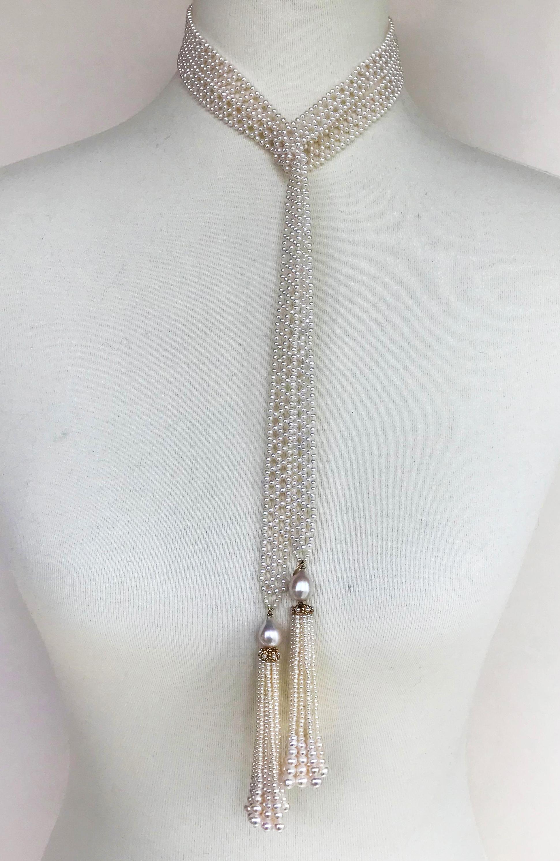 Women's Marina J. Long Woven Pearl Sautoir Necklace , Graduated Tassels, 14k Yellow Gold